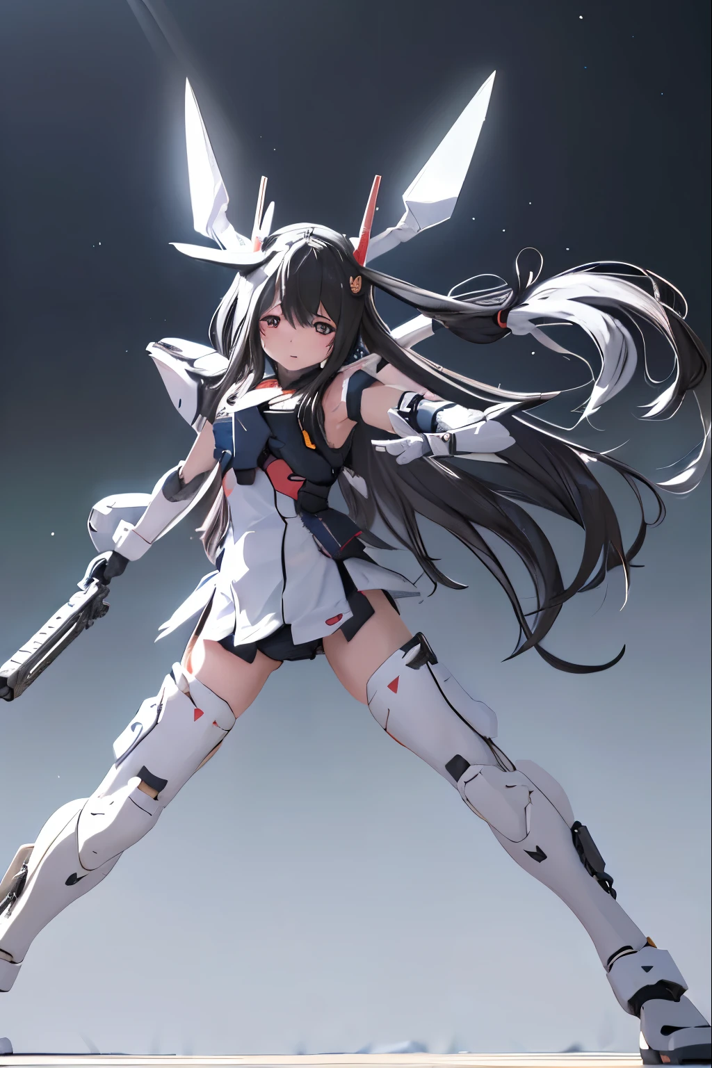 (highest quality)), ((masterpiece)), (very detailed: 1.3), 3D, {(ung girl)}, (wear navy buruma and white gym uniform with colored hem under armor:1.2), (black hair:1.5), wears a futuristic Gundam mecha,(heavy armored Gundam), with headgear, with v-fin , armored shoulders,armored under arms, armored under legs, short sleeve, attached 2 huge weapons on back, legs mounted weapon module, multilayer textureperfect proportions, octane rendering, duotone lighting, Low ISO, wide aperture, White balance, Rule of thirds, ultra HD16k, HDR (High Dynamic Range), Ray Tracing, NVIDIA RTX, Super Resolution, Subsurface Scattering, PBR Texturing, Post Processing, Anisotropic Filtering, Depth of Field, Maximum Clarity and Clarity, High efficiency subpixel, subpixel convolution, particles of light, light scattered, Tyndall effect, full body:1.5, battle pose, cute, (cute:1.2), (long hair:1.3),太い眉毛, 薄い色の虹彩, 大きくて輝いている黒い瞳, 長いまつげ, 小さく薄い色の自然な唇, (Average face of Japanese idols), (日本人特有の童顔:1.3), (baby face), 広いおでこ:1.2, ふっくらした頬, 小さな顎, in the hangar,looking at viewer,Focus on the eyes