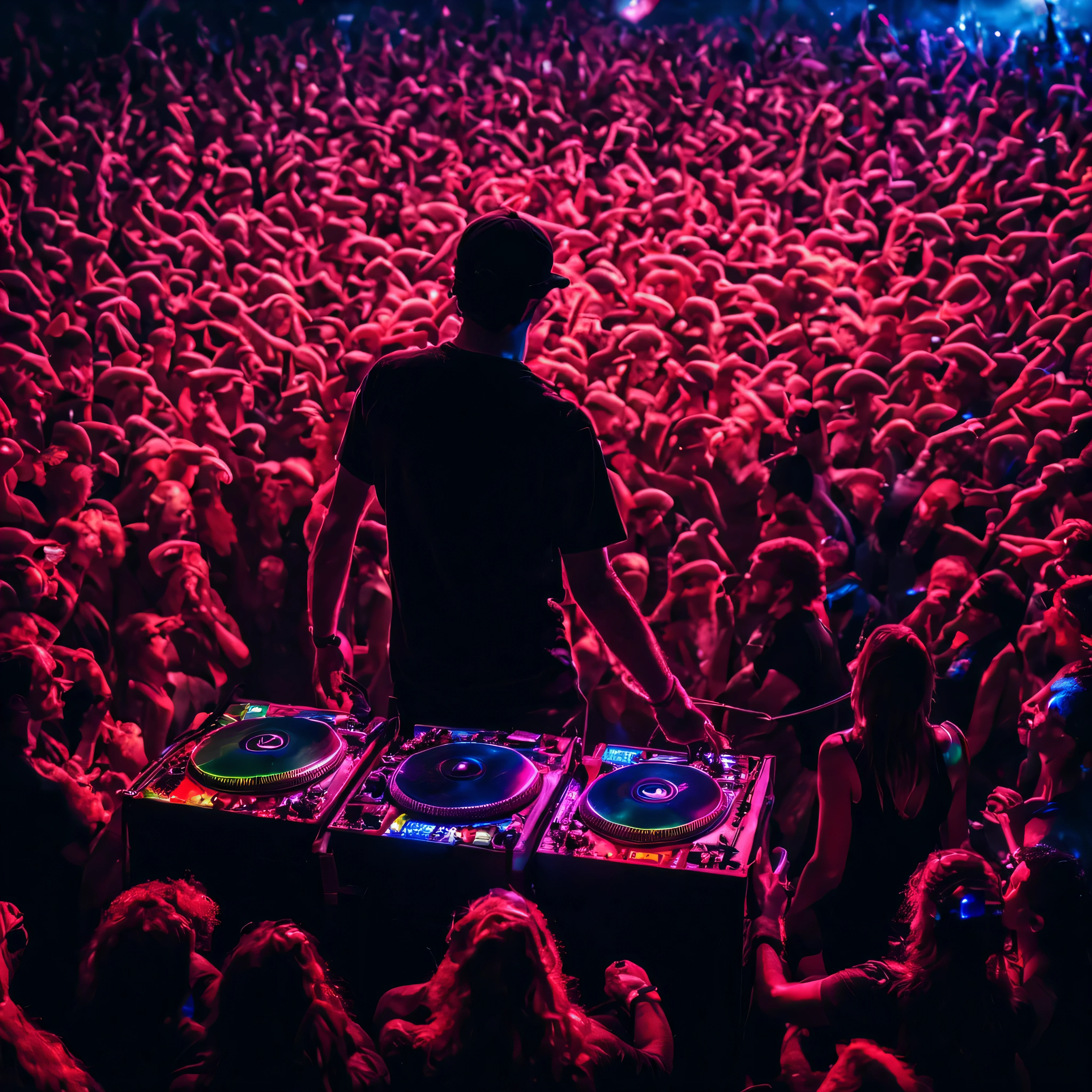 A DJ and audience surrounded by Psilocybe cubensis magic mushrooms at a rave show.