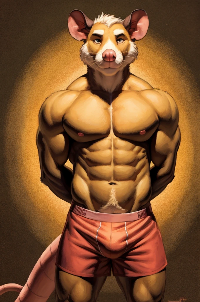 Solo, Furry, Anthro, Possum, Male, E621, Standing, Wearing Boxer Shorts, Muscular Body, Front view, Hands behind back, Simple image background, by meesh
