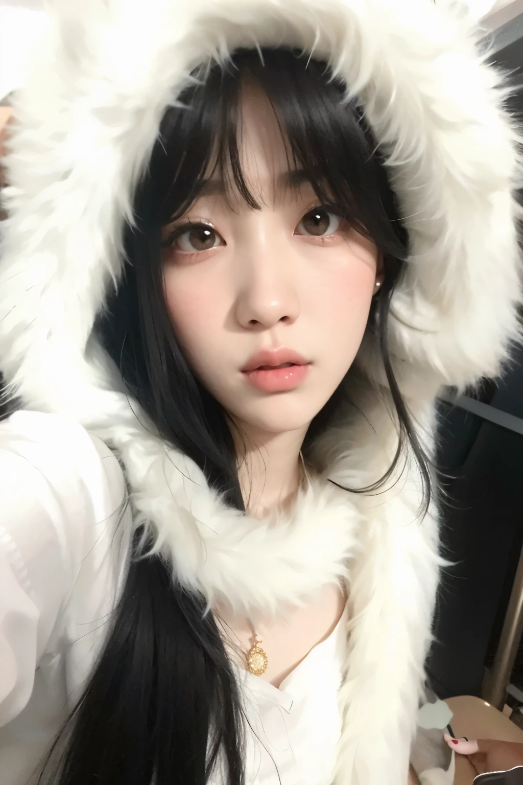 Araffe with long black hair wearing a white fur hat, Ulzzang, Lalisa Manobal, franja fofa, adorable and pale korean face, Lalisa Manoban do Blackpink, Jinyoung Shin, coreana, pale, snow-white skin, ela tem cabelo preto com franja, bae suzy, young lovely korean face, sakimichan