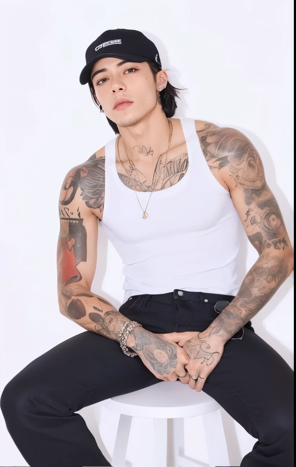 a close up of a man com tatuagens sitting on a stool, com tatuagens, Greg Araki, tatuagens por toda a pele, tatuado, tatuado, pete davidson, araki, androgynous person, Arms covered in gang tattoo, marca ariana, um non binary model épico, androgynous man, Jonny Wan, jean deville, Tatuagens, non binary model