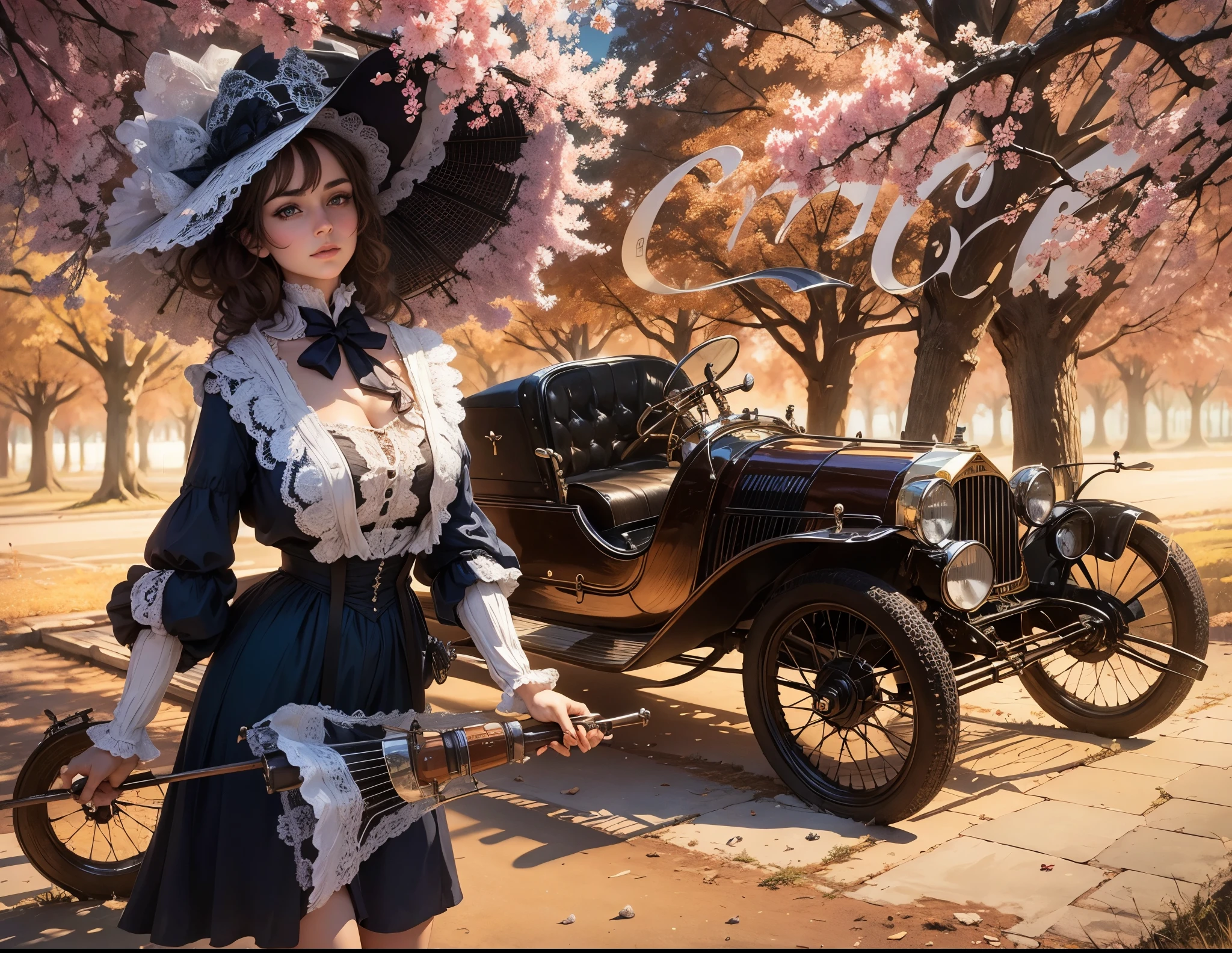 A beautiful victorian lady in the forground , behind is a vintage car and the word Coca Cola