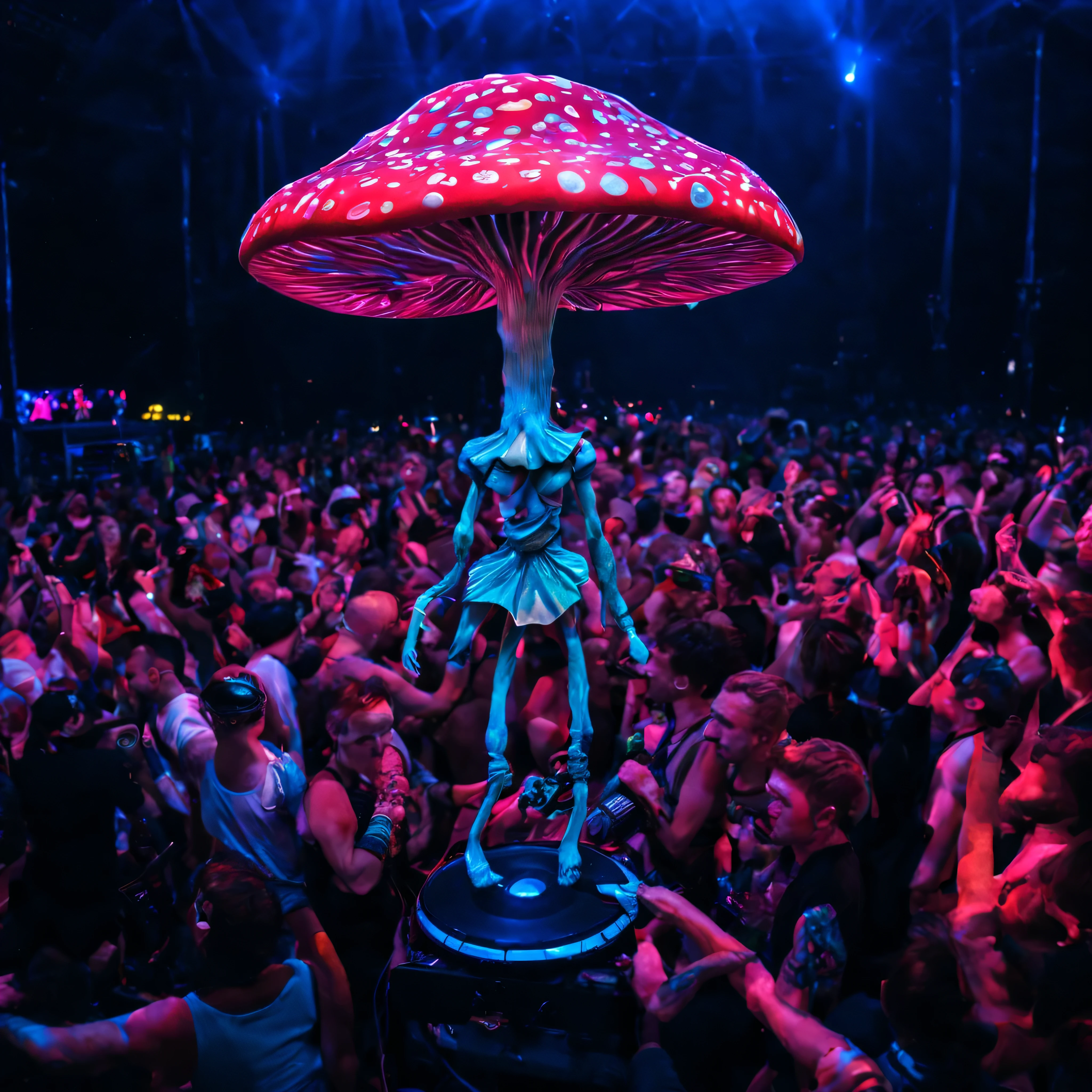 A mutant humanoid DJ Psilocybe cubensis magic mushroom at a rave show and the audience dancing.
