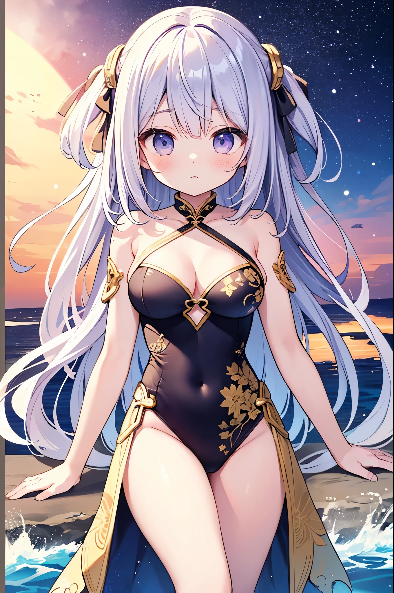 (masterpiece)、(highest quality)、((Super detailed))、(super delicate)、cute、Pastel colors hair、beautiful breasts、Gorgeous、fantastic sea of stars、Golden, silver and purple cheongsam