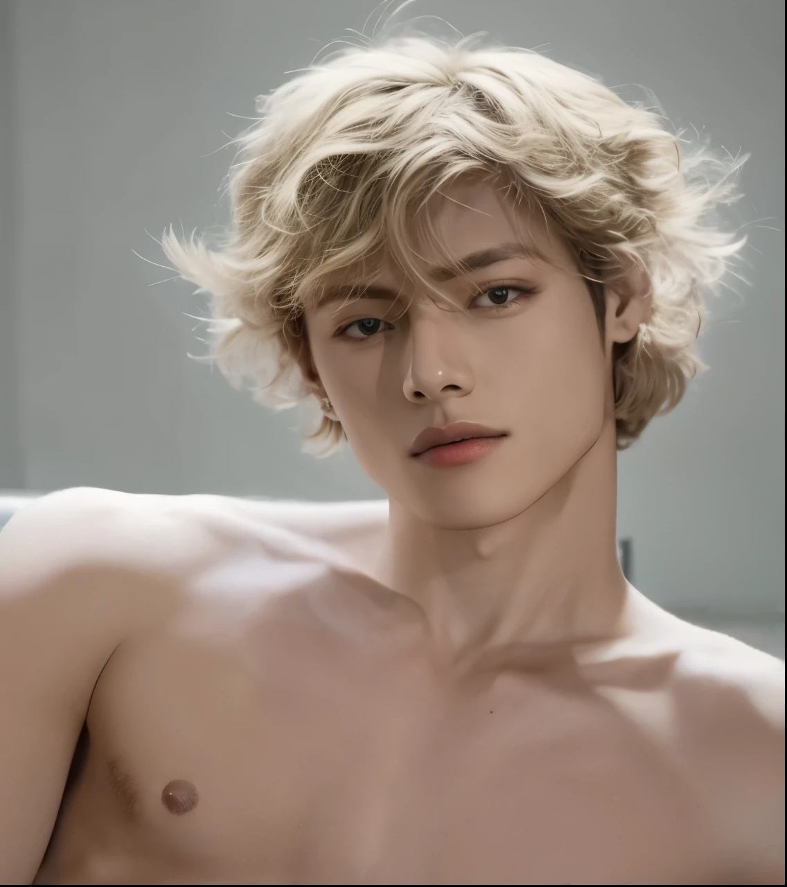 Arafed joven con el pecho sin camisa y sin camisa, pale skin curly blonde hair, hoja de anato finn. caras perfectas, hermoso joven, hermosa joven modelo, cara hermosa perfecta, Kai carpintero, by Romano Vio, chico rubio, zac retz, por Jan Tengnagel, chico rubio con ojos amarillos, chico rubio, joe keery, jovencito