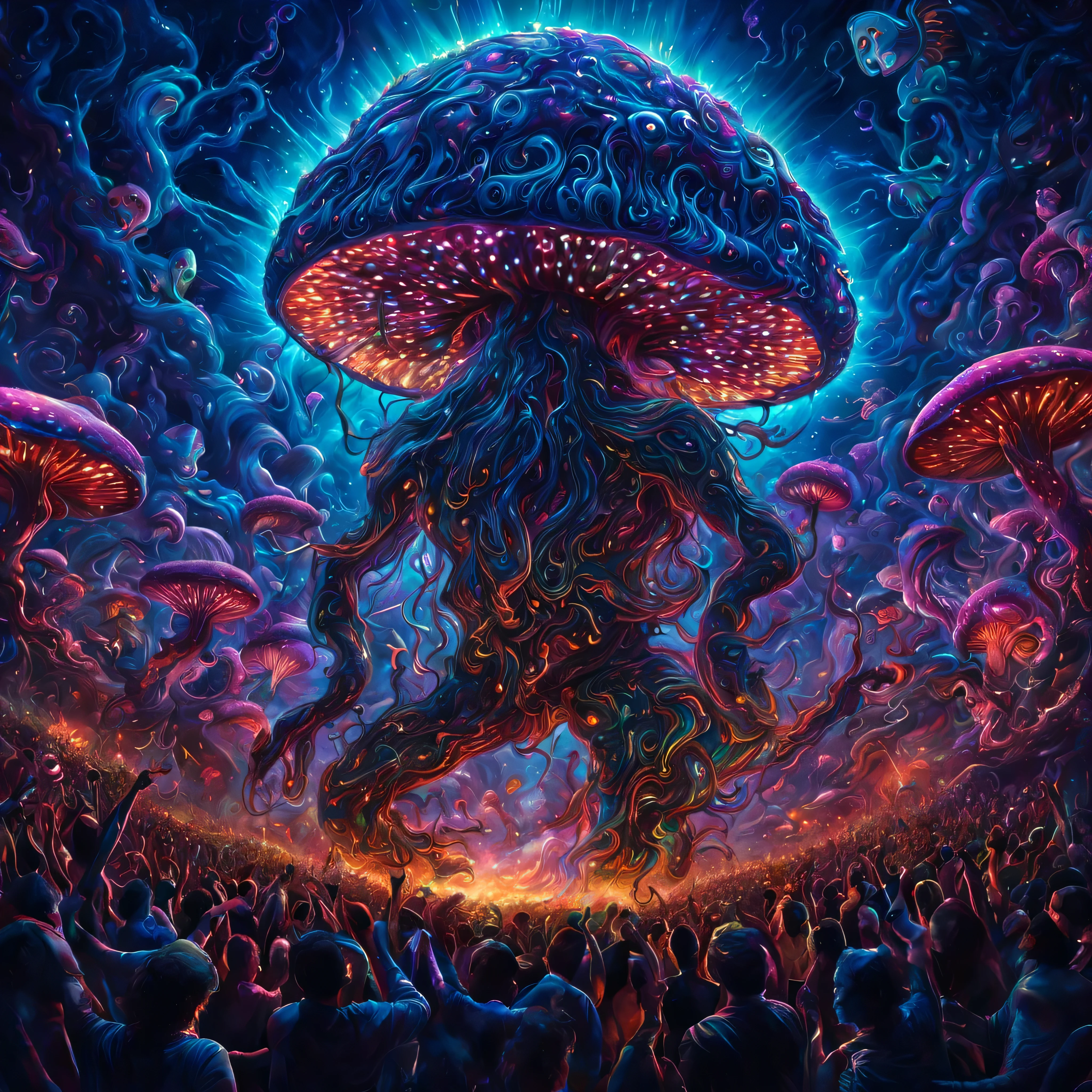 Em um vibrante show rave, a mutant humanoid DJ with psychedelic abilities and features of the magic mushroom Psilocybe cubensis catches the attention of the enthusiastic crowd. Esta imagem cativante, possibly highly detailed digital artwork or vivid photography, showcases the mutant DJ's mesmerizing presence amidst a sea of energetic dancers. Intricate details showcase the mutant's otherworldly appearance: pele iridescente, glowing bioluminescent patterns, and tendrils of energetic aura pulsing in sync with the music. The composition, Paleta de cores, and attention to detail make this image truly remarkable, high-quality portrait of this extraordinary scene.