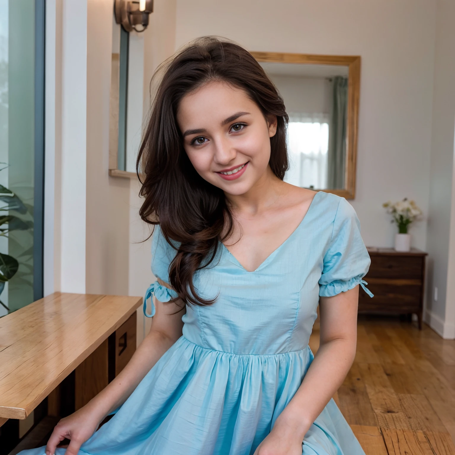 Woman, 25 years old, European, ponytail hair, smiling, wearing a Disney nightdress, realistic, relaxing, bedroom.