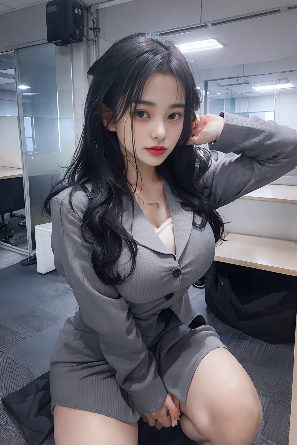 huge tit、g-cup、Woman in grey suit、Wearing a gray miniskirt、Height 175 cm、25-years old、Squatting in an empty office、I'm looking at it from above. long wavy black hair