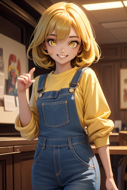 (masterpiece, exquisite beautiful eyes: 1.5), masterpiece ,1 girl,cute girl,(yellow eyes:1.5),small breasts,Casual Clothing ,grin、(shaggy)