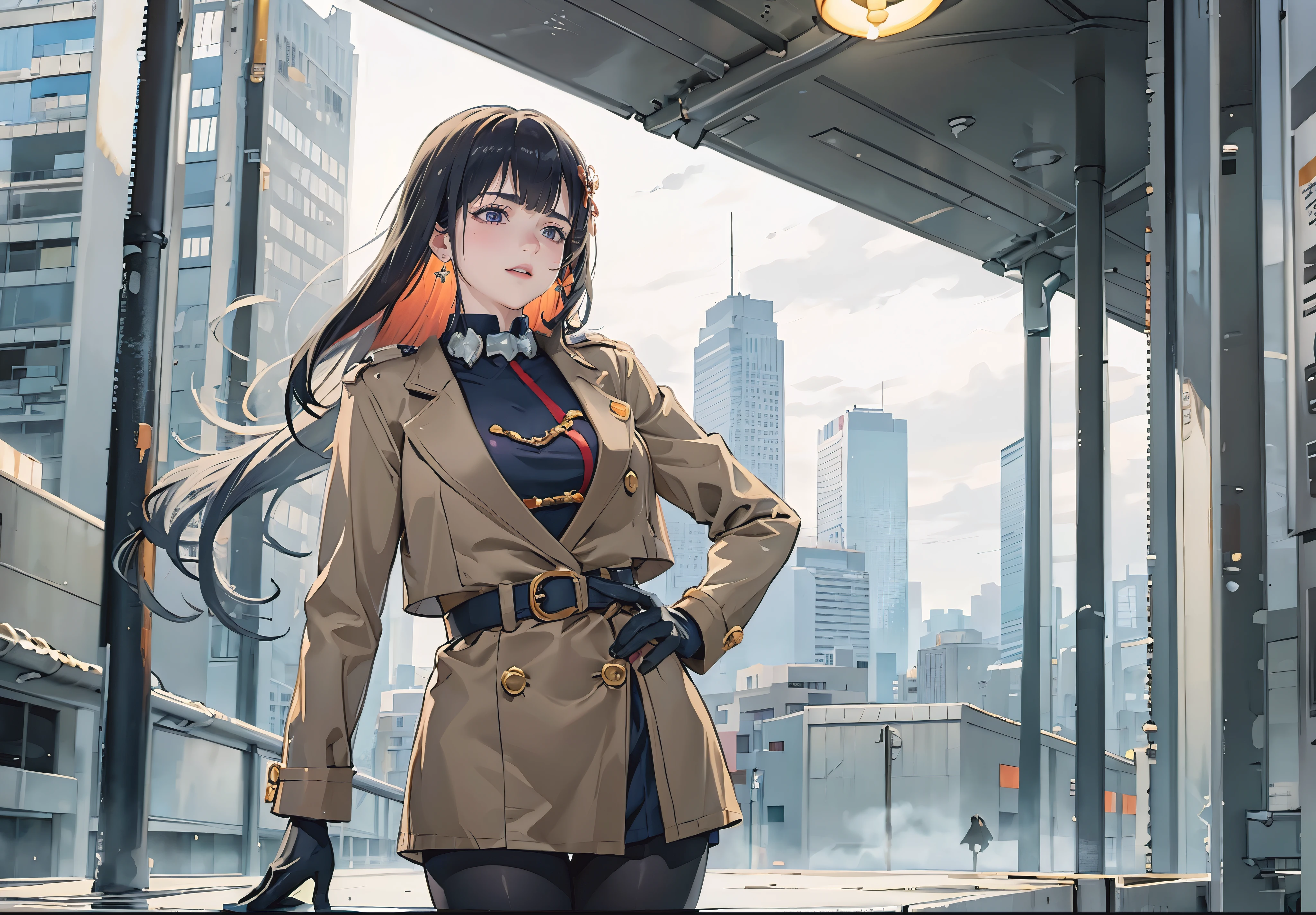 best quality, nighttime, bustling streets, neon lights, urban skyline, reflective surfaces, vibrant colors, lively atmosphere, 1girl, black hair, long_hair, purple_eyes, solo, hand_on_hip, gloves, looking_at_viewer, jacket, shirt, black_gloves, pantyhose, long_sleeves, coat, skirt, standing, hair oranament,