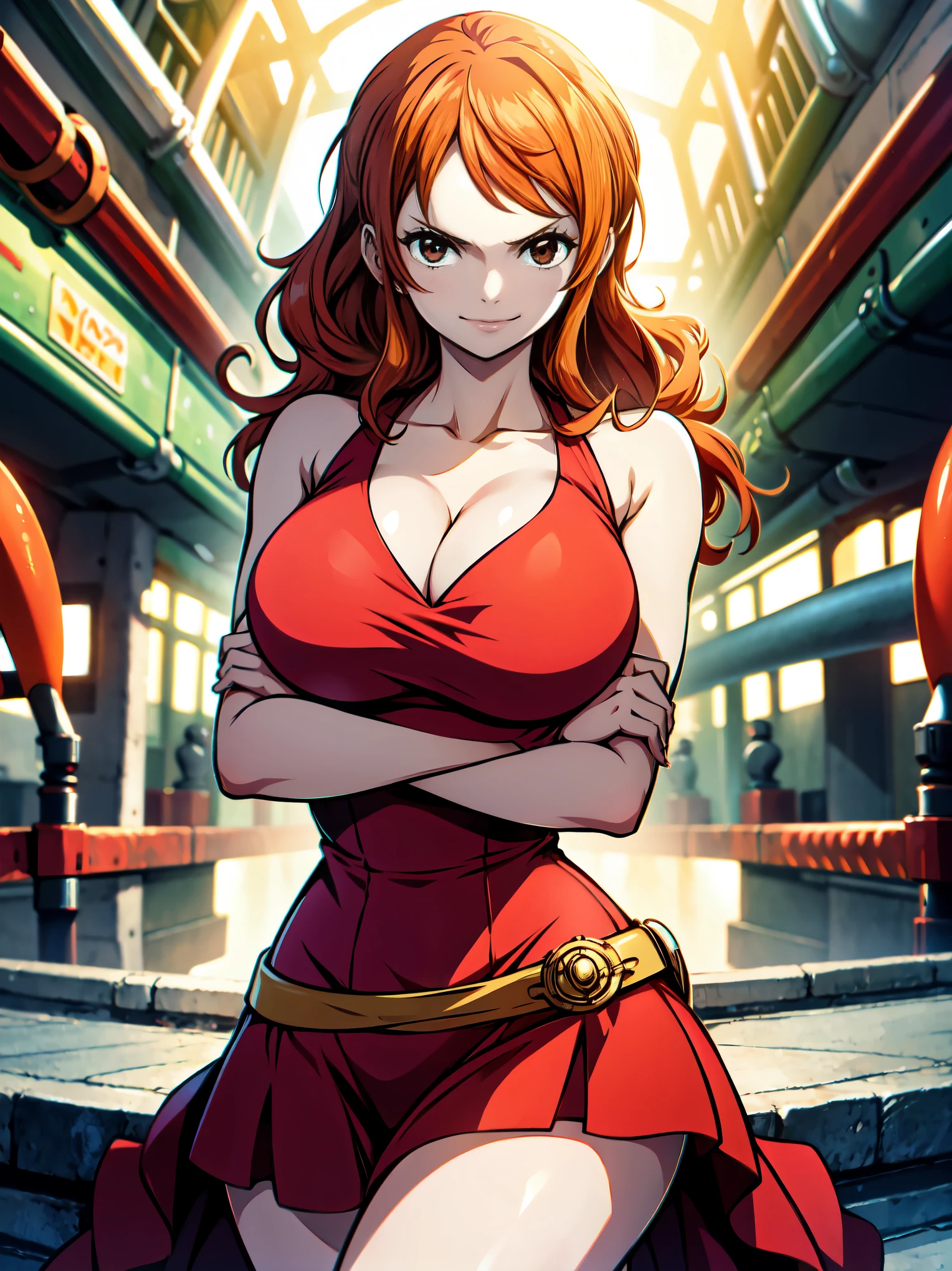 Nami one piece dressed in red dress with arms crossed in a sensual pose showing cleavage , seios , mostrando suas pernas , qualidade de imagem ultra hd detalhada com cores vibrantes.
