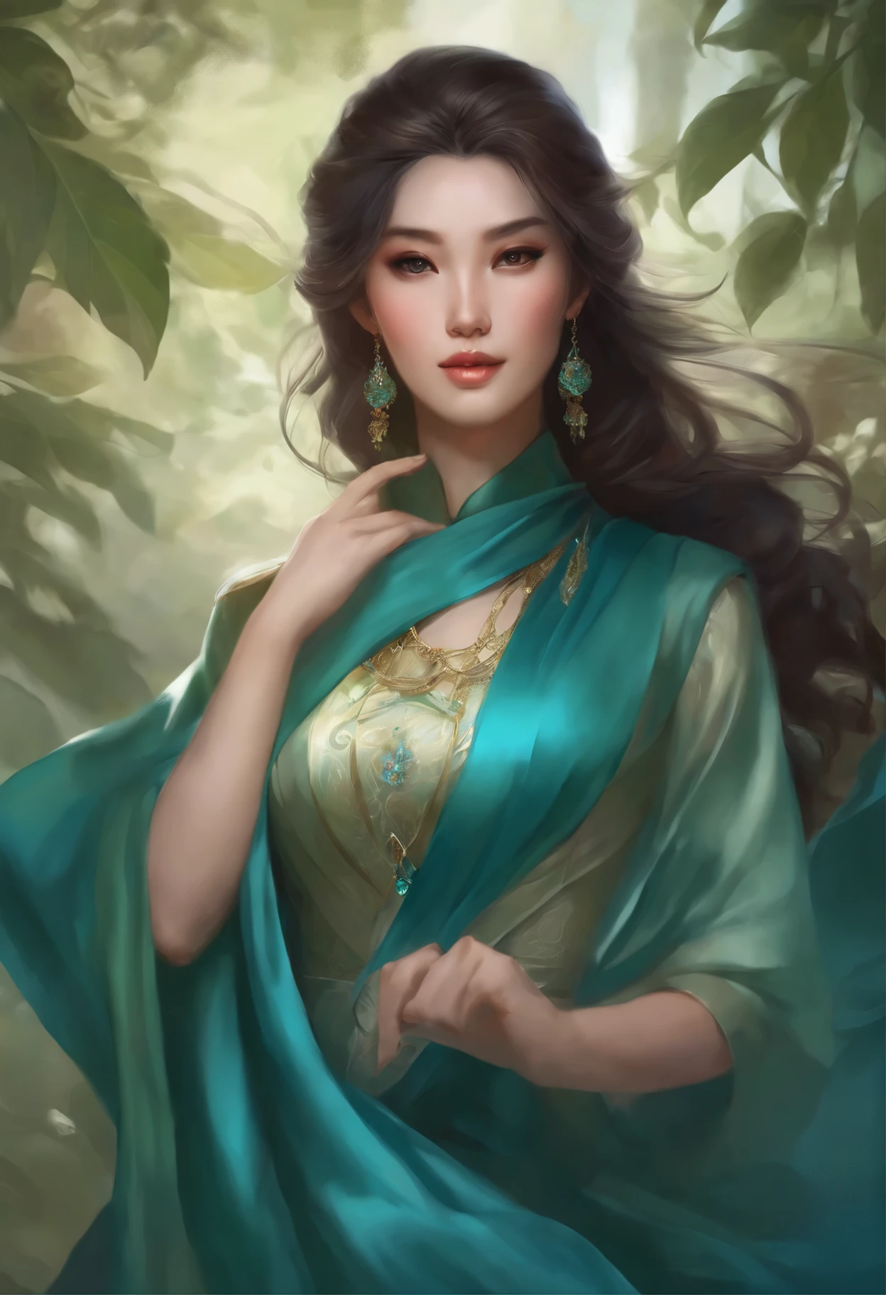 a woman in a blue dress with a long green scarf, beautiful character painting, a beautiful fantasy empress, by Yang J, style of artgerm, artgerm and ruan jia, extremely detailed artgerm, trending artgerm, artgerm. anime illustration, ruan jia and artgerm, inspired by Pu Hua, artgerm detailed