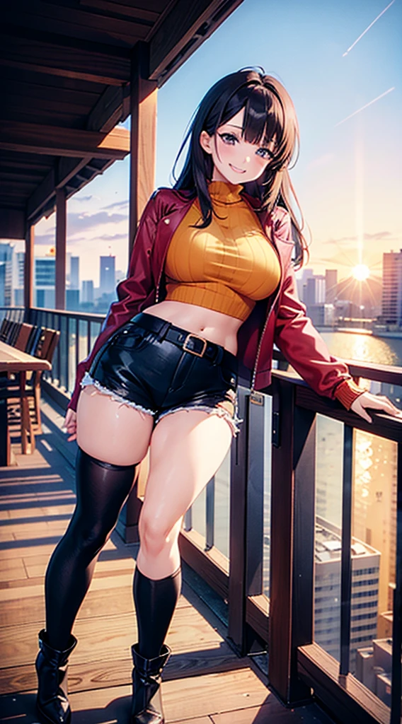 1990s anime, (masterpiece), high-definition, orgasm face, korean girl, big , big hips, messy dark purple hair, orange eyes, crop top sweater, jacket, shorts, belt, thong, thigh high stockings, boots, fishnet, balcony, leaning on the railing, sunset