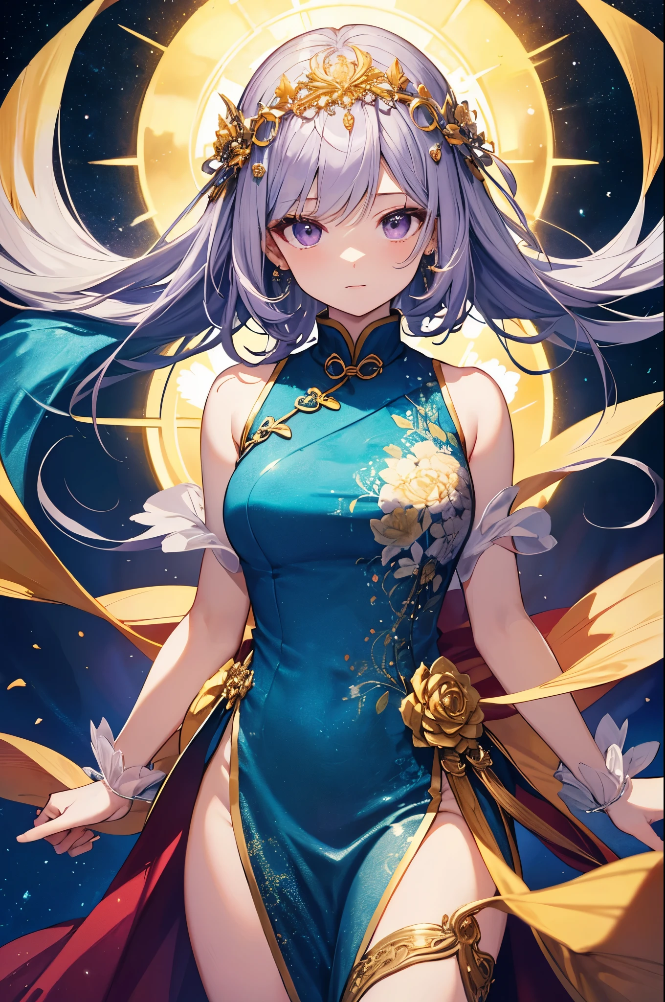 (masterpiece)、(highest quality)、((Super detailed))、(super delicate)、cute、Pastel colors hair、beautiful breasts、Gorgeous、fantastic sea of stars、Golden, silver and purple cheongsam