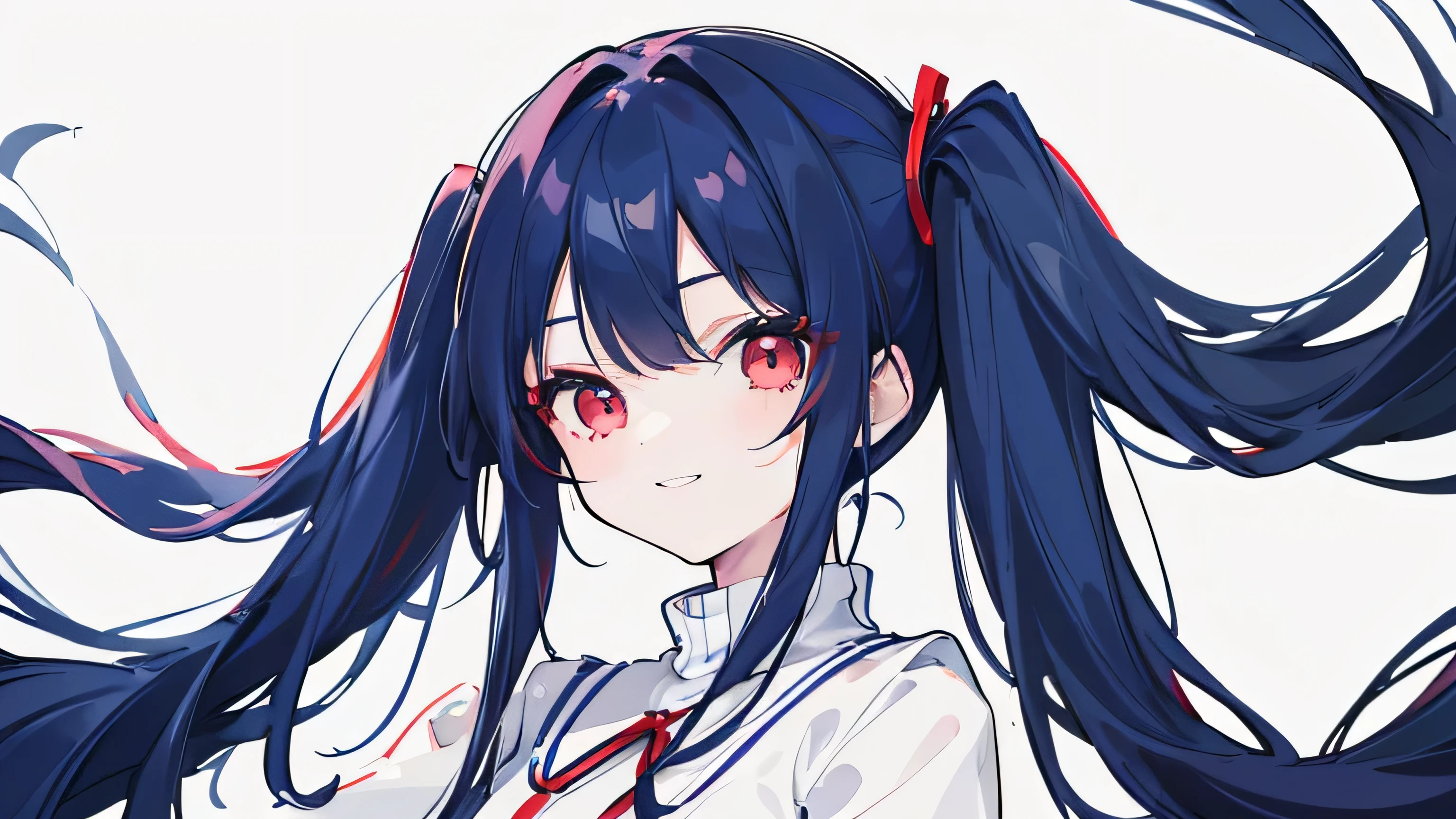 1girl, masterpiece, young girl, high quality, (dark blue hair), (straight hair), ((up twintail)), long hair, red eyes, ((detail face)),  in plain 1color background, wearing a white jumper, (smiling)