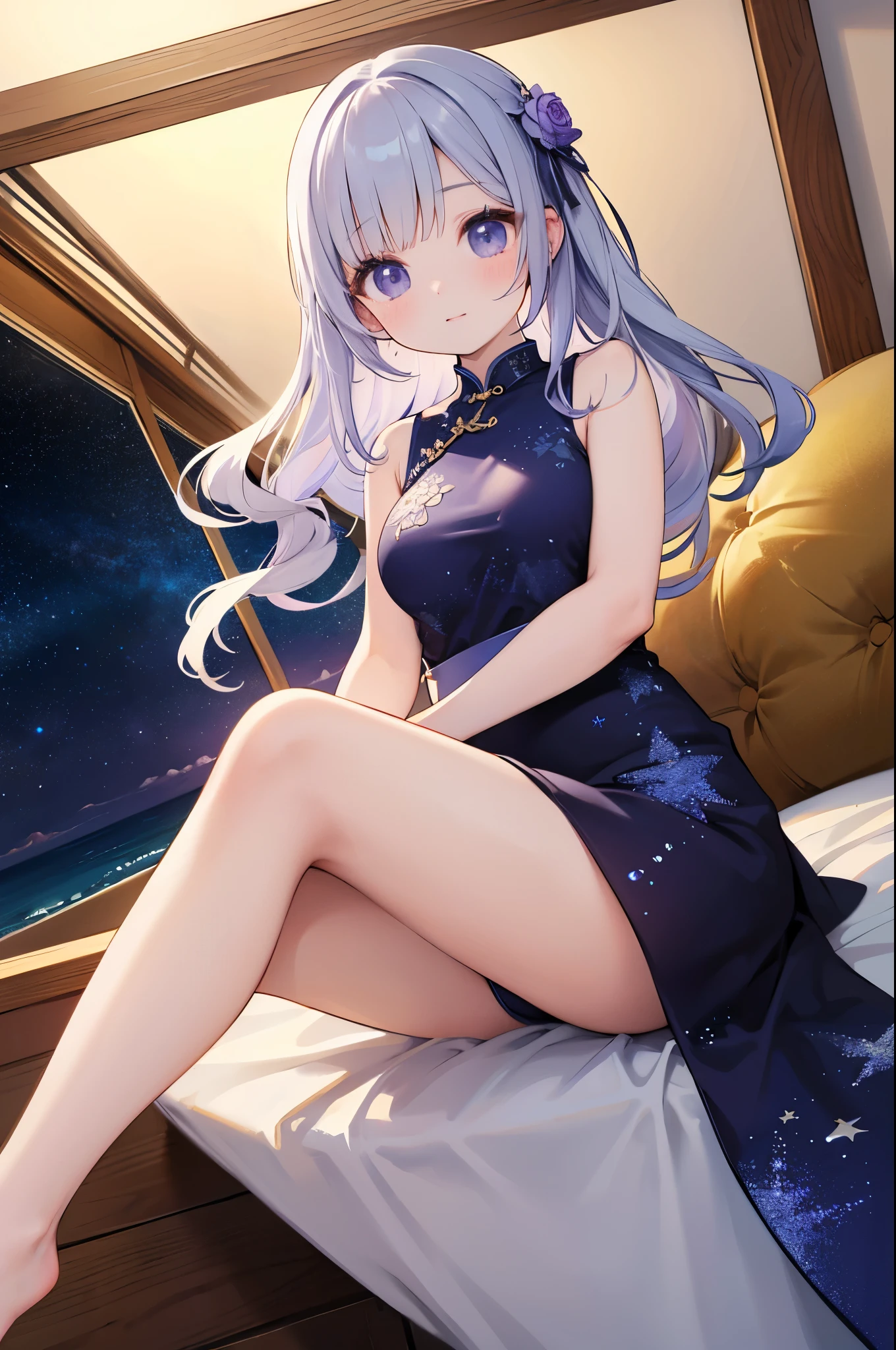 (masterpiece)、(highest quality)、((Super detailed))、(super delicate)、cute、Pastel colors hair、beautiful breasts、Gorgeous、fantastic sea of stars、Golden, silver and purple cheongsam