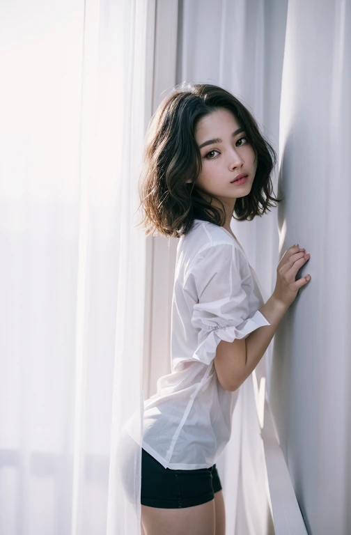 (in 8K、Raw photography, top-quality, hight resolution:1.2)、(realisitic、photoRealstic:1.5)、hight resolution, top-quality, ultra-quality, The ultra-detailliert, lighting like a movie、one girls、25-years old、Change of clothes、A girl wearing a camisole and pants made of thin fabric, Take off your clothes、((Grabbing clothes))、dynamic compositions、A detailed face、beautiful a girl、The upper part of the body, {{fewer moles}}, ((Short hair)), ((Wavy Hair)), Detailed body, Cute and very detailed eyes, ((room at night)), ((Dark light)), dark ilumination, (blue hue), (Cool lighting), (biologically correct arm), (Biologically correct fingers)