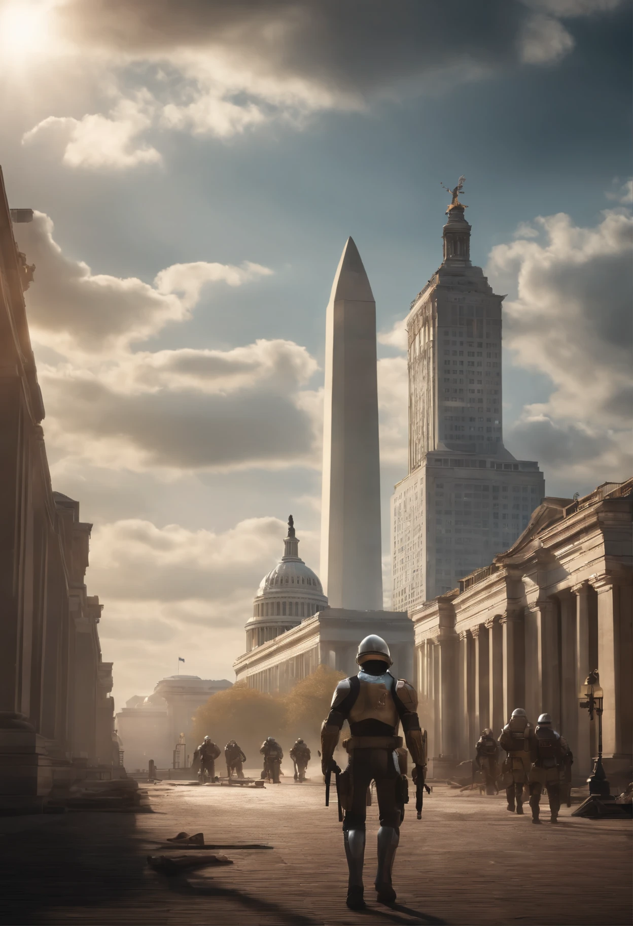 a regal American kingdom in development, american government building in the background, Washington monument, powerful and forboding, yorktown, many buildings of various sizes that are part technology, in the middle of construction, protected by futuristic technology, smoke in the background, with various mechanical armored cybernetic humanoid soldiers walking around. nature, beautiful sky, sun shining through the clouds, soft lighting, modern prosperous city, game concept, landscape