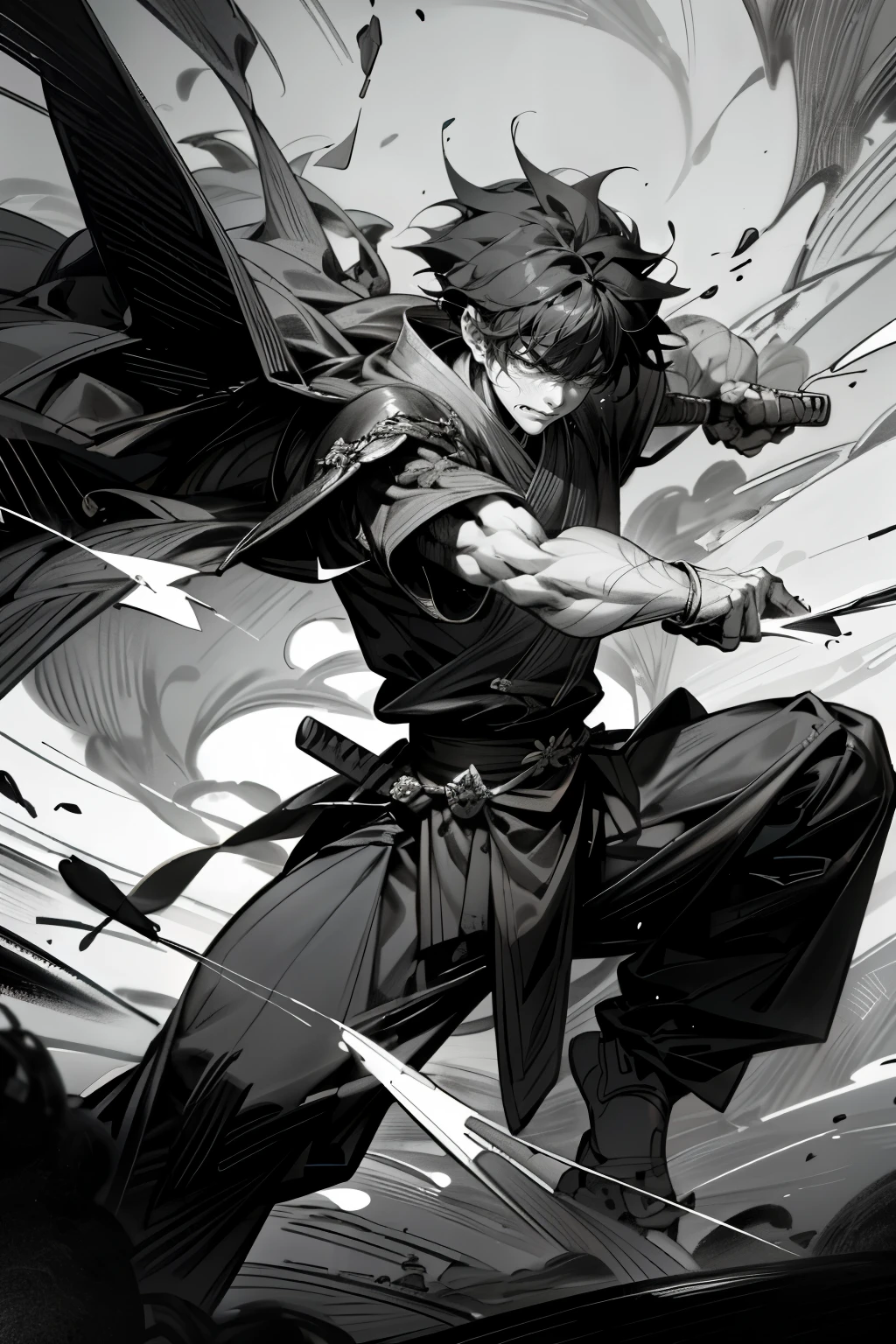 "Hot-blooded comics come to life in this breathtaking black and white ink drawing. The scene is set in the realm of martial arts, where swordsmen and commoner knights clash in a display of raw power. The Asian influences are evident, as the sense of power emanates from the exaggerated wide angle shot. The attack movement is captured with dynamic outlines and smooth lines, reminiscent of the Bajiquan style. The artist's skill is on full display as a kung fu martial arts art pose unfolds, the wide-angled perspective adding to the intensity of the moment. The ink explodes in a dramatic splash, adding to the overall professional drawing's