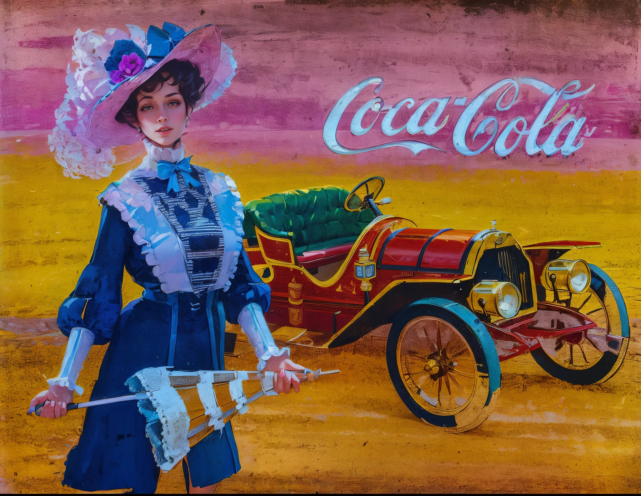 A beautiful victorian lady in the forground , behind is a vintage car and the word Coca Cola
