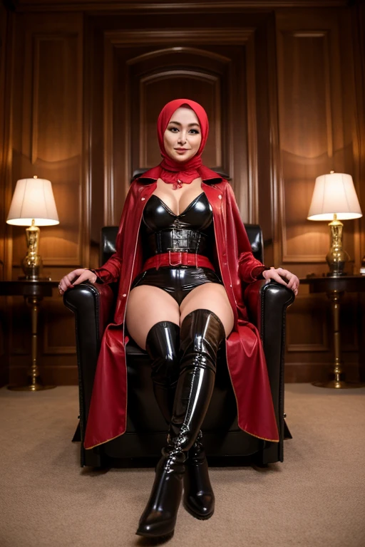 pretty hijab girl dressed trench coat red latex and cloak  with  high up collar,, busty, satin, leather pants, overknee boots, elegant sit on big throne, holding a whip