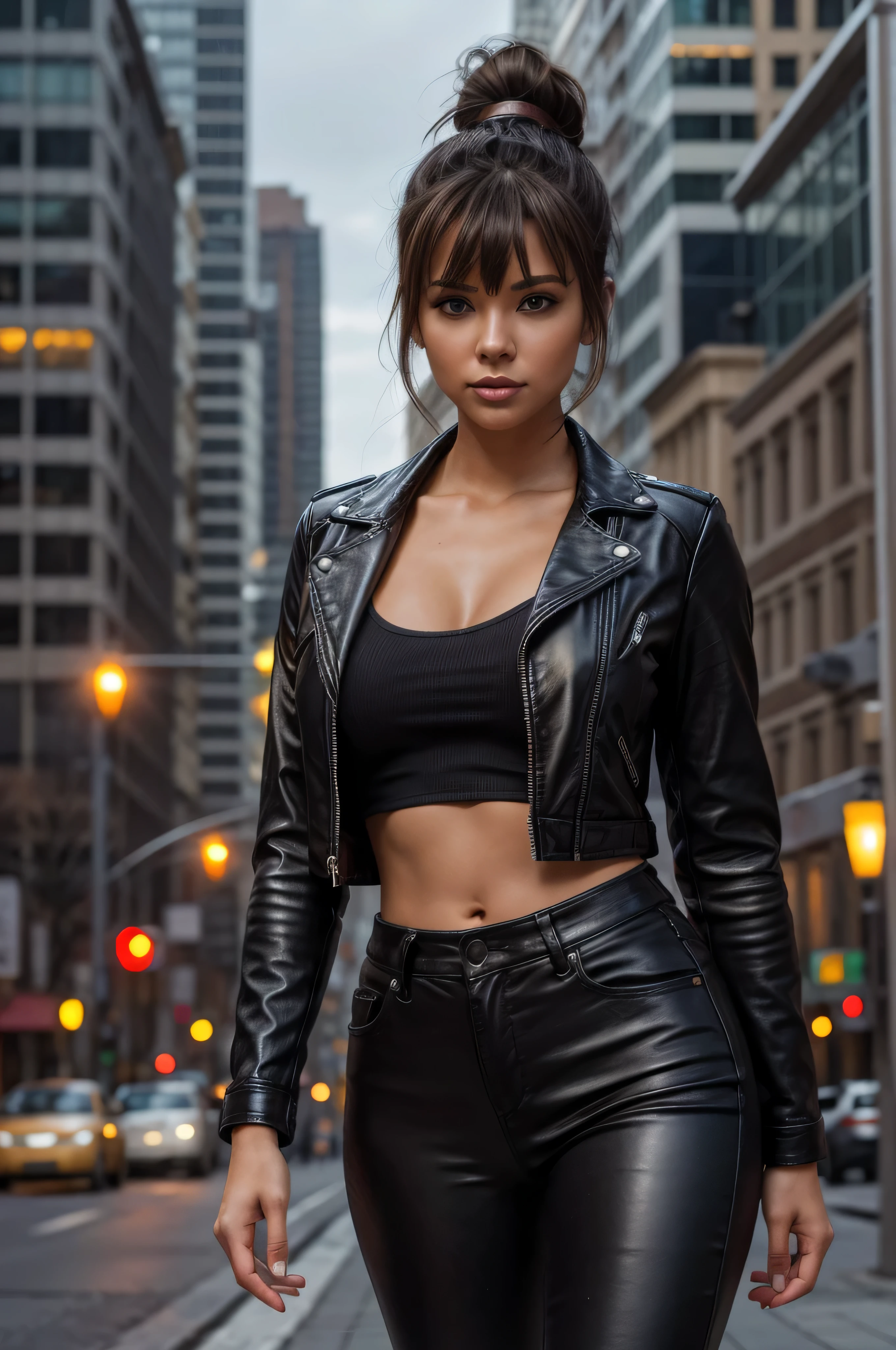 full body Realism, a 22 - year - old girl, dark hair, a ponytail on her head, bangs falling on her face, beautiful hairstyle, light makeup, dressed in a leather jacket, tight leather pants, beautiful shoes on her feet, evening city street in the background, high detail appearance, high detail hairstyle, high detail environment, high detail background, in the background is a modern city, the photo was taken with a photorealistic SLR camera, resolution full hd, 8K