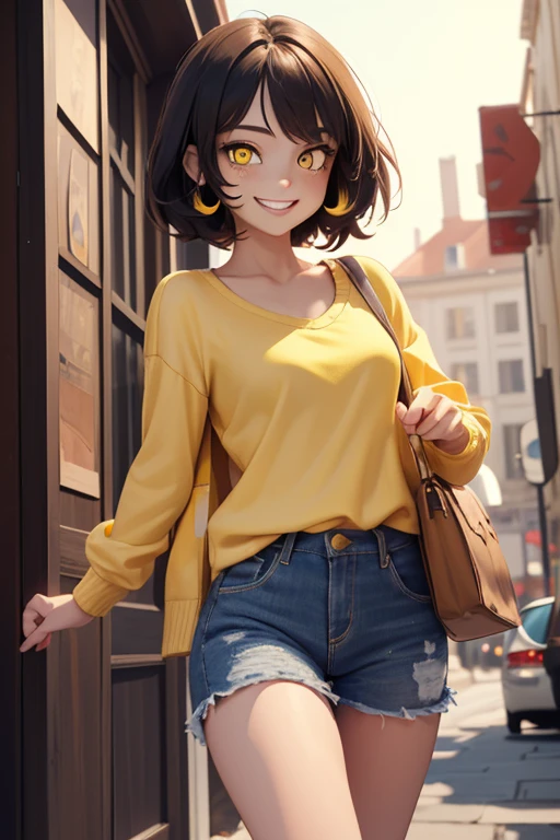 (masterpiece, exquisite beautiful eyes: 1.5), masterpiece ,1 girl,cute girl,(yellow eyes:1.5),small breasts,Casual Clothing ,grin、(shaggy)