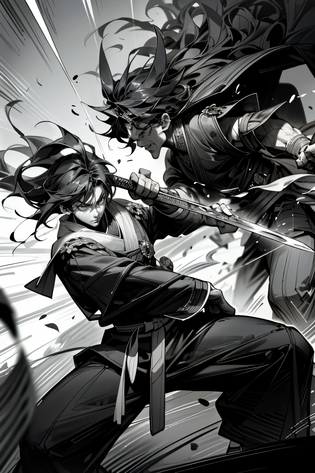 "Hot-blooded comics come to life in this breathtaking black and white ink drawing. The scene is set in the realm of martial arts, where swordsmen and commoner knights clash in a display of raw power. The Asian influences are evident, as the sense of power emanates from the exaggerated wide angle shot. The attack movement is captured with dynamic outlines and smooth lines, reminiscent of the Bajiquan style. The artist's skill is on full display as a kung fu martial arts art pose unfolds, the wide-angled perspective adding to the intensity of the moment. The ink explodes in a dramatic splash, adding to the overall professional drawing's