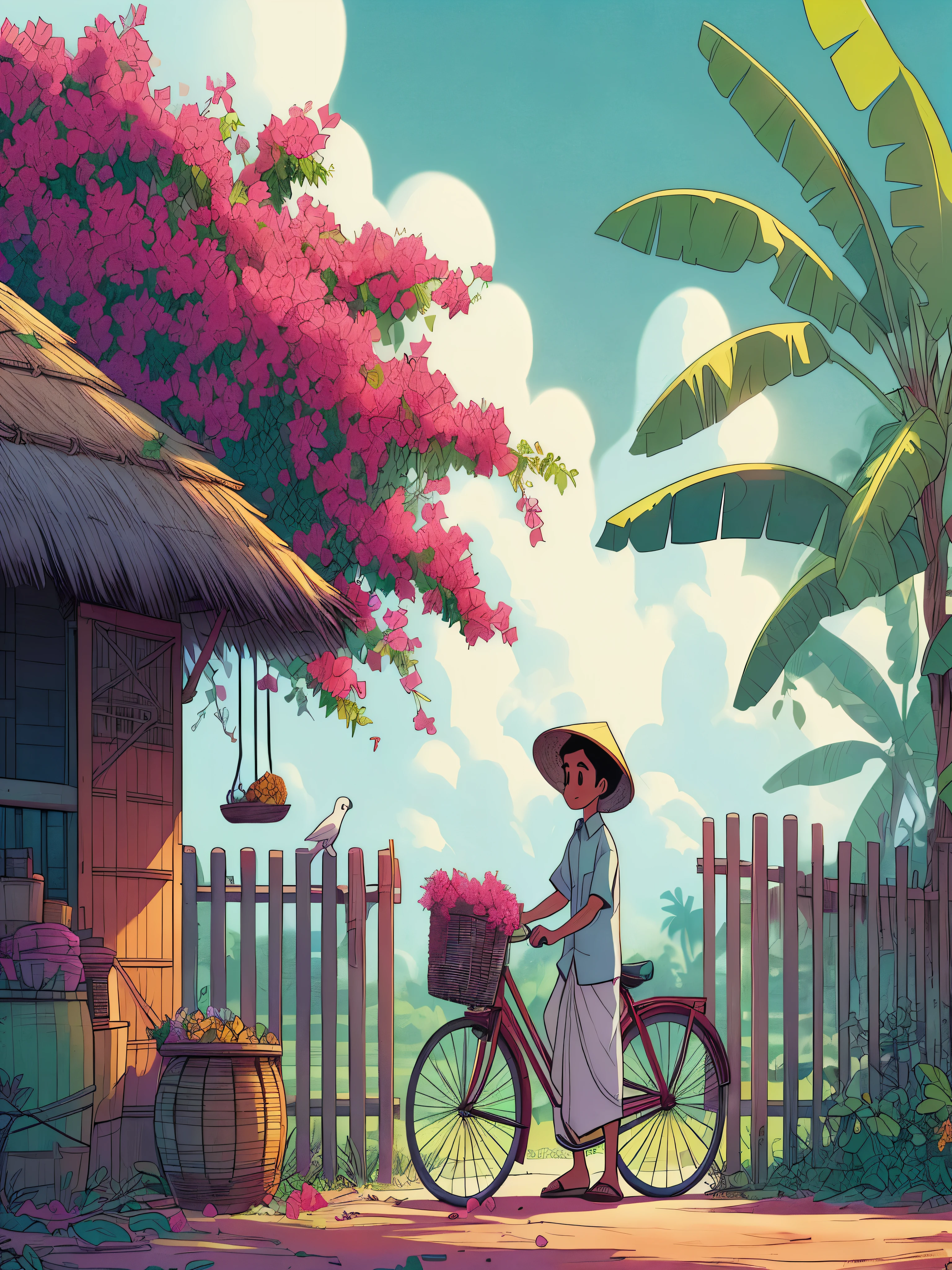 Draw a tintin style anime simple art of an indian boy on his bicycle plucking Bougainvillea flowers from outside a hut, banana trees, fencing, shade, greenery, clouds, beautiful sky, beautiful color palette,