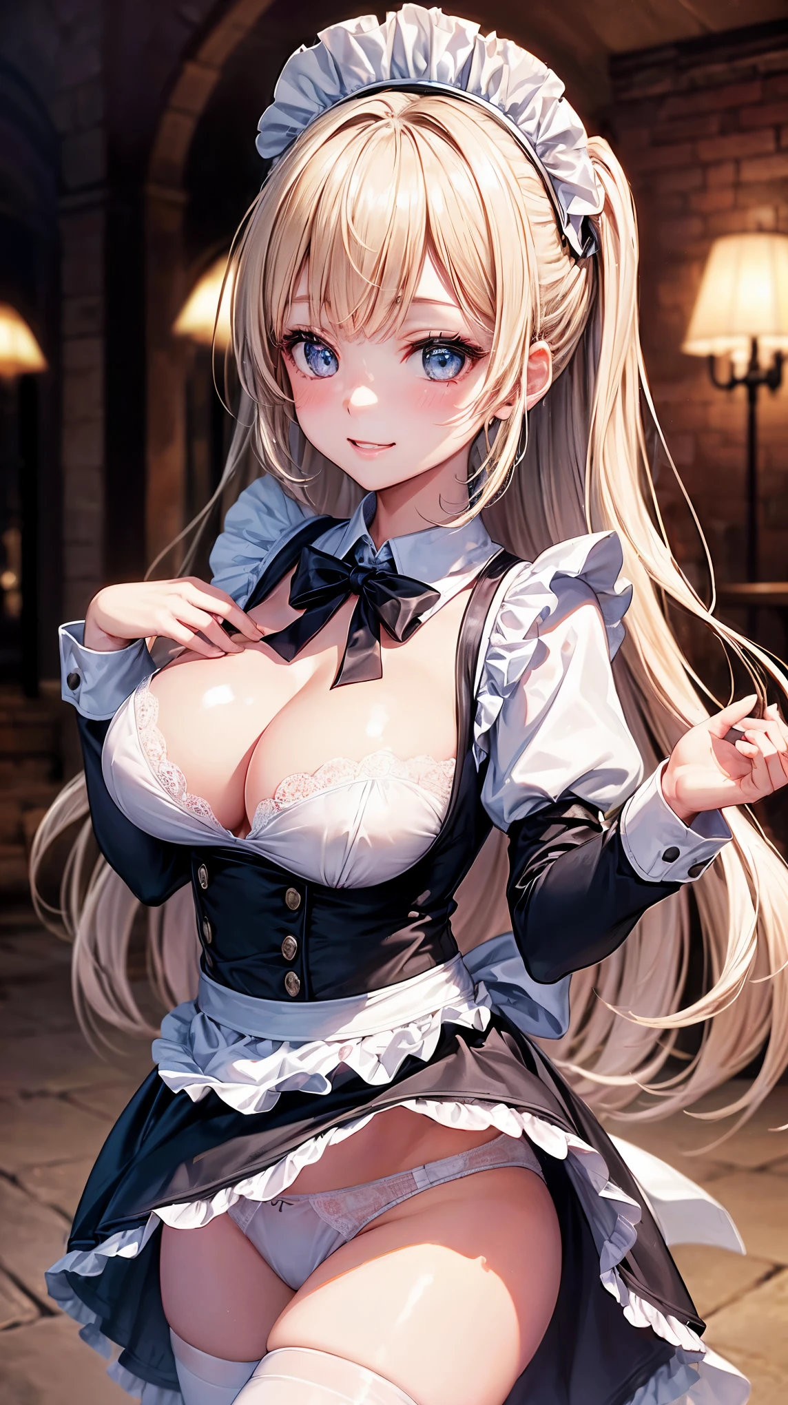 ((highest quality、High resolution、8K、masterpiece:1.3))、dynamic angle、wallpaper、1 girl、unparalleled beauty、ultimate beauty、super detailed face、delicate eyes、smile shyly、sexy look、Depth of bounds written、light particles、side light、long hair、blonde、maid、宝石で装飾されたmaid服、(Lifting the skirt with both hands)、((She shyly lifts up her skirt and shows her white panties.))、(I'm tempting)、Open chest、big breasts、cleavage、Thighhighs、thighs、slim、slender、Old castle at night