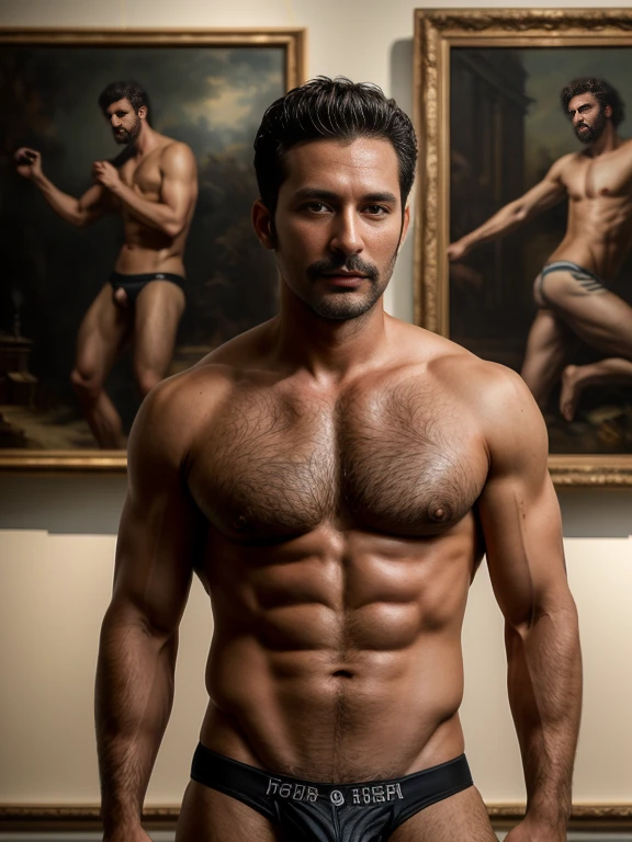 masterpiece, highest quality, High resolution, close up portrait, male性の焦点, focus only, male, 34 years old, With revealing underwear, bare chest, body hair, facial hair, Lean body fit body, very hairy chest, body hair, spread your legs , Indicates hairy armpits, hairy legs, moustache, model pose, Art gallery in the background, great composition, Front view, HDR, super high quality, elegant, very detailed