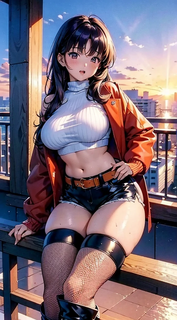 1990s anime, (masterpiece), high-definition, orgasm face, korean girl, big , big hips, messy dark purple hair, orange eyes, crop top sweater, jacket, shorts, belt, thong, thigh high stockings, boots, fishnet, balcony, leaning on the railing, sunset