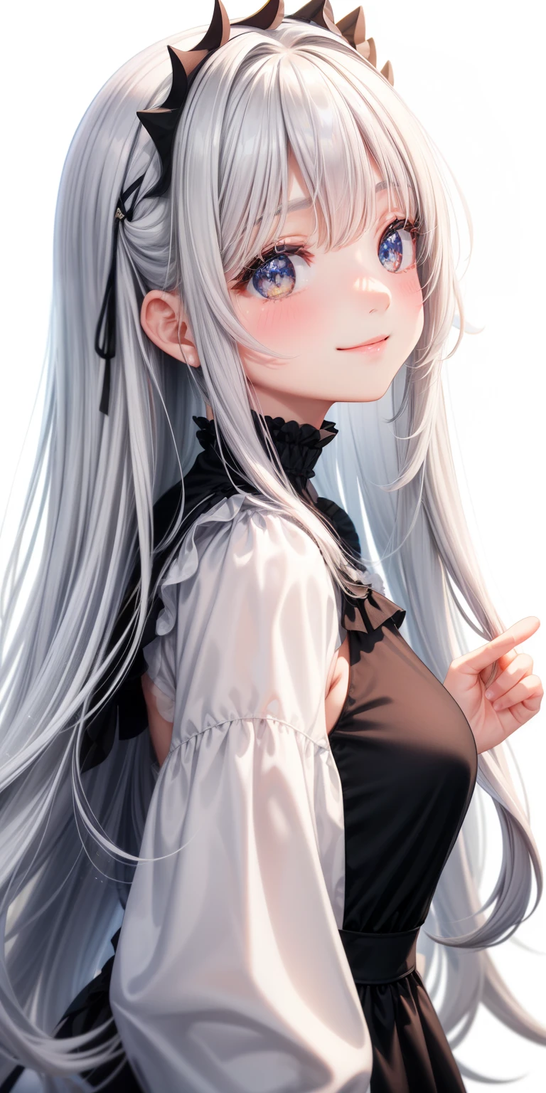 girl、white background、no background、gray hair、long hair、straight long hair、Contrasting bangs、Eyes are sparkling、highlight、black dress、black long sleeve one piece clothes、frills、profile、view from the side、blush、smile、cute、no background
