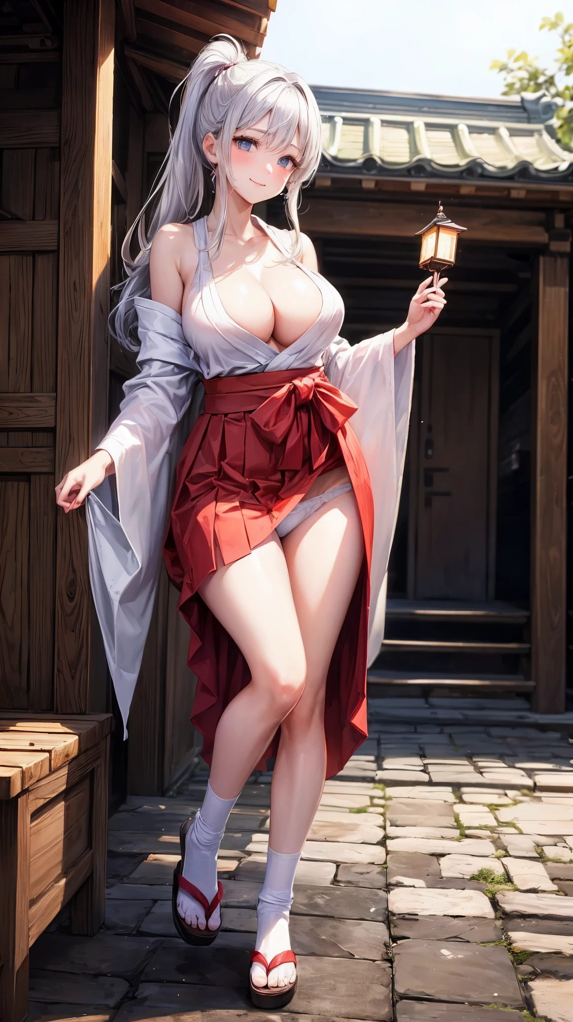 ((highest quality、High resolution、8K、masterpiece:1.3))、dynamic angle、wallpaper、1 girl、unparalleled beauty、ultimate beauty、super detailed face、delicate eyes、smile shyly、sexy look、Depth of bounds written、light particles、side light、ponytail、silver hair、(shrine maiden)、shrine maiden服、shrine maiden装束、white kimono、red hakama、(Lifting the skirt with both hands)、((She shyly lifts up her skirt and shows her white panties.))、(I'm tempting)、Open chest、big breasts、cleavage、thighs、slim、slender、Old castle at night