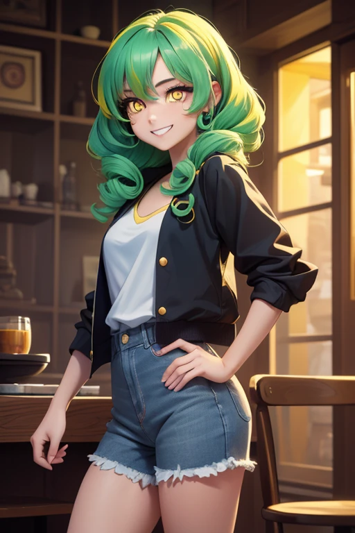 (masterpiece, exquisite beautiful eyes: 1.5), masterpiece ,1 girl,cute girl,(yellow eyes:1.5),small breasts,Casual Clothing ,grin、(shaggy)