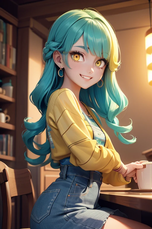(masterpiece, exquisite beautiful eyes: 1.5), masterpiece ,1 girl,cute girl,(yellow eyes:1.5),small breasts,Casual Clothing ,grin、(spiral curls,rainbow hair)