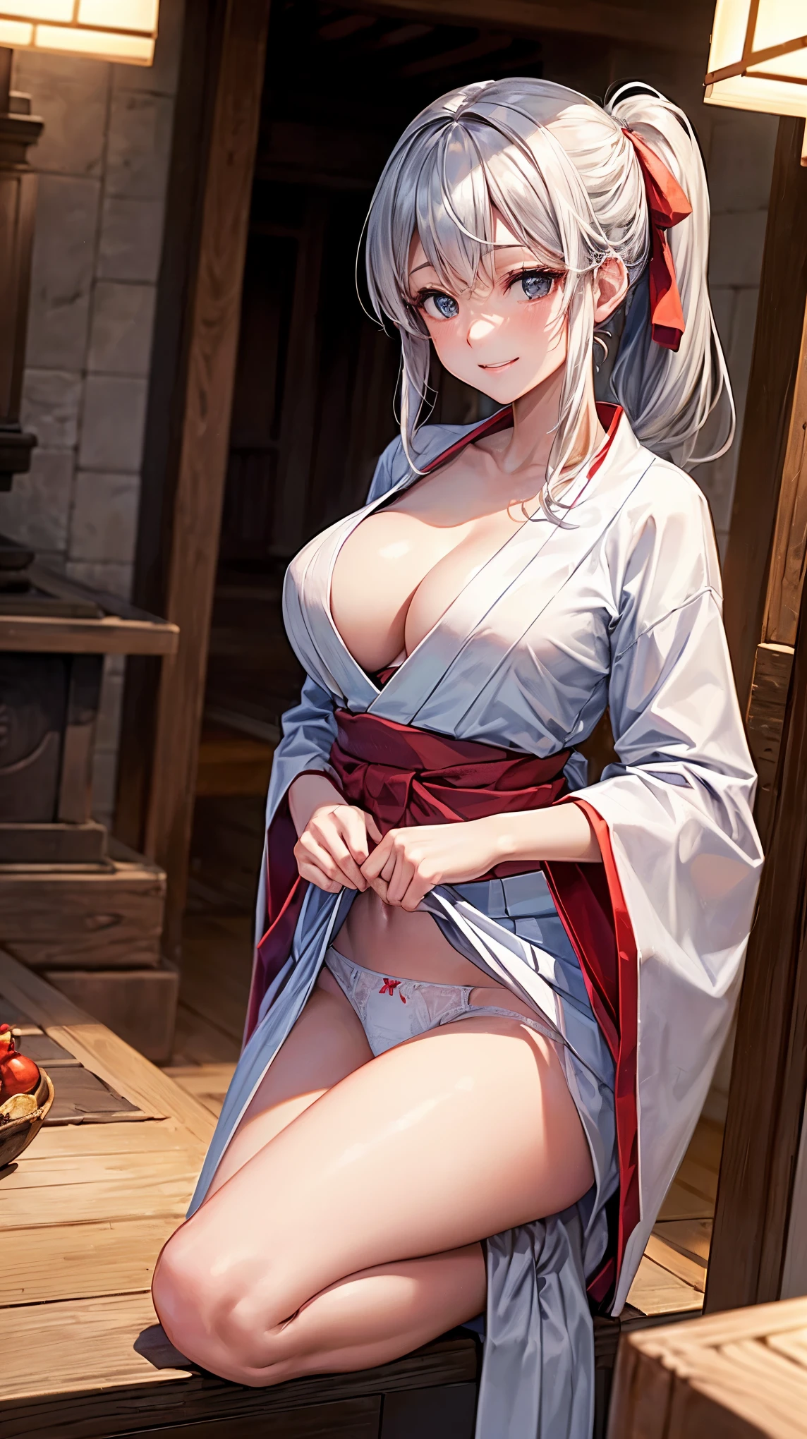 ((highest quality、High resolution、8K、masterpiece:1.3))、dynamic angle、wallpaper、1 girl、unparalleled beauty、ultimate beauty、super detailed face、delicate eyes、smile shyly、sexy look、Depth of bounds written、light particles、side light、ponytail、silver hair、(shrine maiden、shrine maiden服、shrine maiden装束、white kimono、red hakama)、(Lifting the skirt with both hands)、((She shyly lifts up her skirt and shows her white panties.))、(I'm tempting)、Open chest、big breasts、cleavage、thighs、slim、slender、Old castle at night