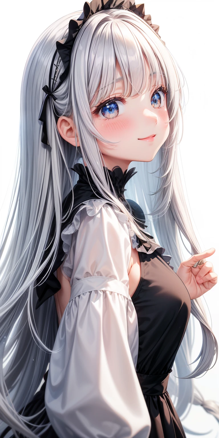 girl、white background、no background、gray hair、long hair、straight long hair、Contrasting bangs、Eyes are sparkling、highlight、black dress、black long sleeve one piece clothes、frills、profile、view from the side、blush、smile、cute、no background