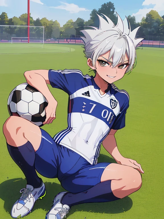 (((official art,Super thin illustration,High resolution, muste piece, best quality,best quality,)))high quality, detailed, (little boy),12 years old, A young ace striker male idol with a super cute face,A boy as beautiful as Planding, Cool handsome face with smile, soccer spike, long legs, thighs, Foots, Bulge, (Mixed with gray hair、Spiky hairstyle)、shiny hair, (Tight shiny white soccer training bodysuit), (tight and shiny soccer shorts), (Soccer Socks), grassy area, cool pose, (厚いthighs、Seduce your big ass to your crotch)、(((soccer field in the park)))、((Saucy、))、grinning grin、spread legs,ultra fine painting, (best quality, In 4K, 8K, High resolution, muste piece:1.2),(((Being aware of the sexual gaze of middle-aged gay men)))、Service Shots、