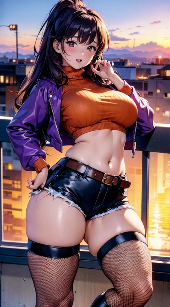 1990s anime, (masterpiece), high-definition, orgasm face, korean girl, big  , big hips, messy dark purple hair, orange eyes, crop top sweater, jacket, shorts, belt, thong, thigh high stockings, boots, fishnet, balcony, leaning on the railing, touching breast, sunset