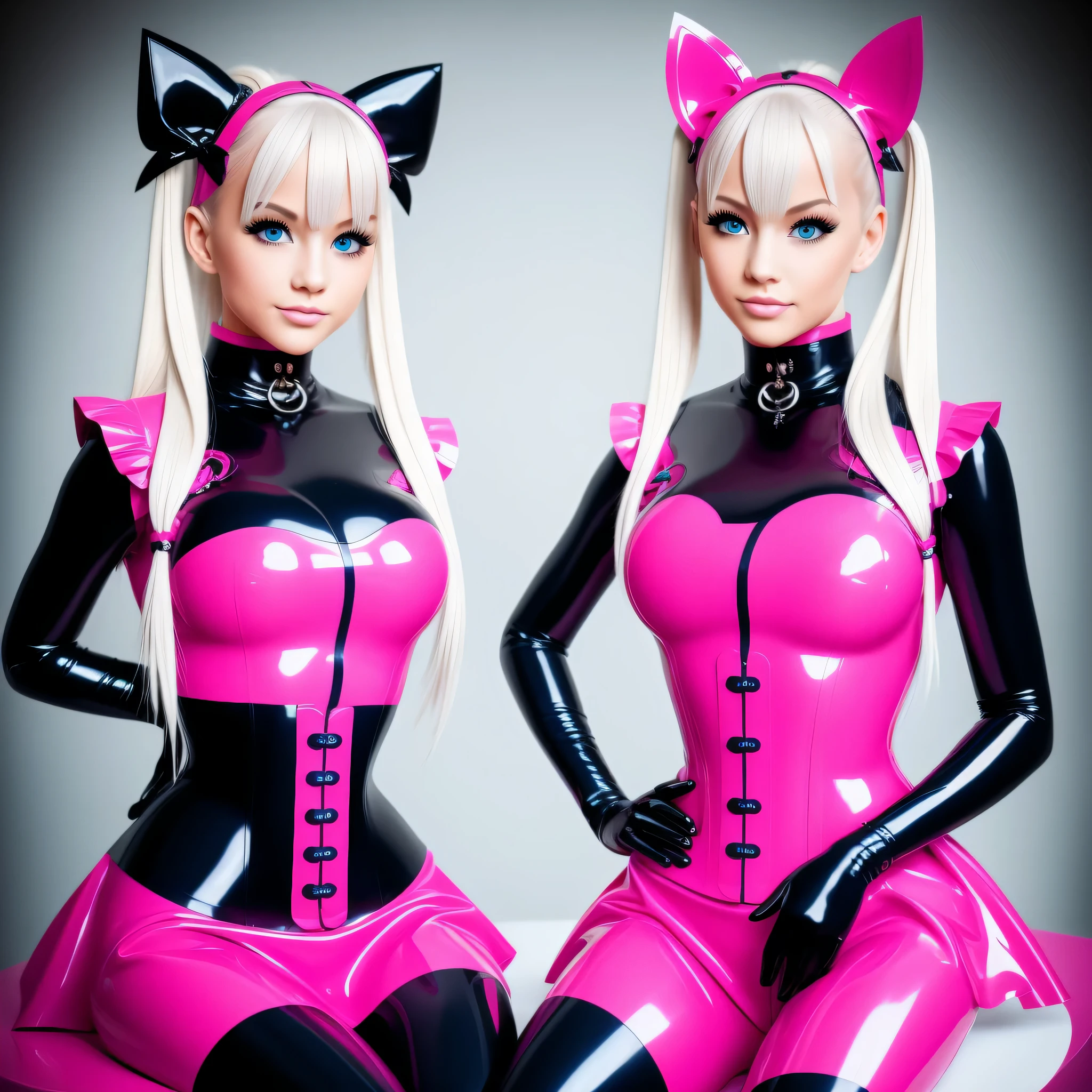 sexy twin girls,blondes Haar,Space Buns,rosa Latexbluse, Latex blouse buttoned up, Latex Bluse detailliert, light-blue Latex, pink latex, Red Shiny Lacquer PVC Shoes,Perfektes Gesicht,Detaillierte Augen,Detaillierte Lippen,Detailed hands,lange Wimpern,vollbusig,niedlich,portrait,hight resolution,realistisch,Studiobeleuchtung,Lebendige Farben,masterpiece,award-winning-photo, ultra detailliert,