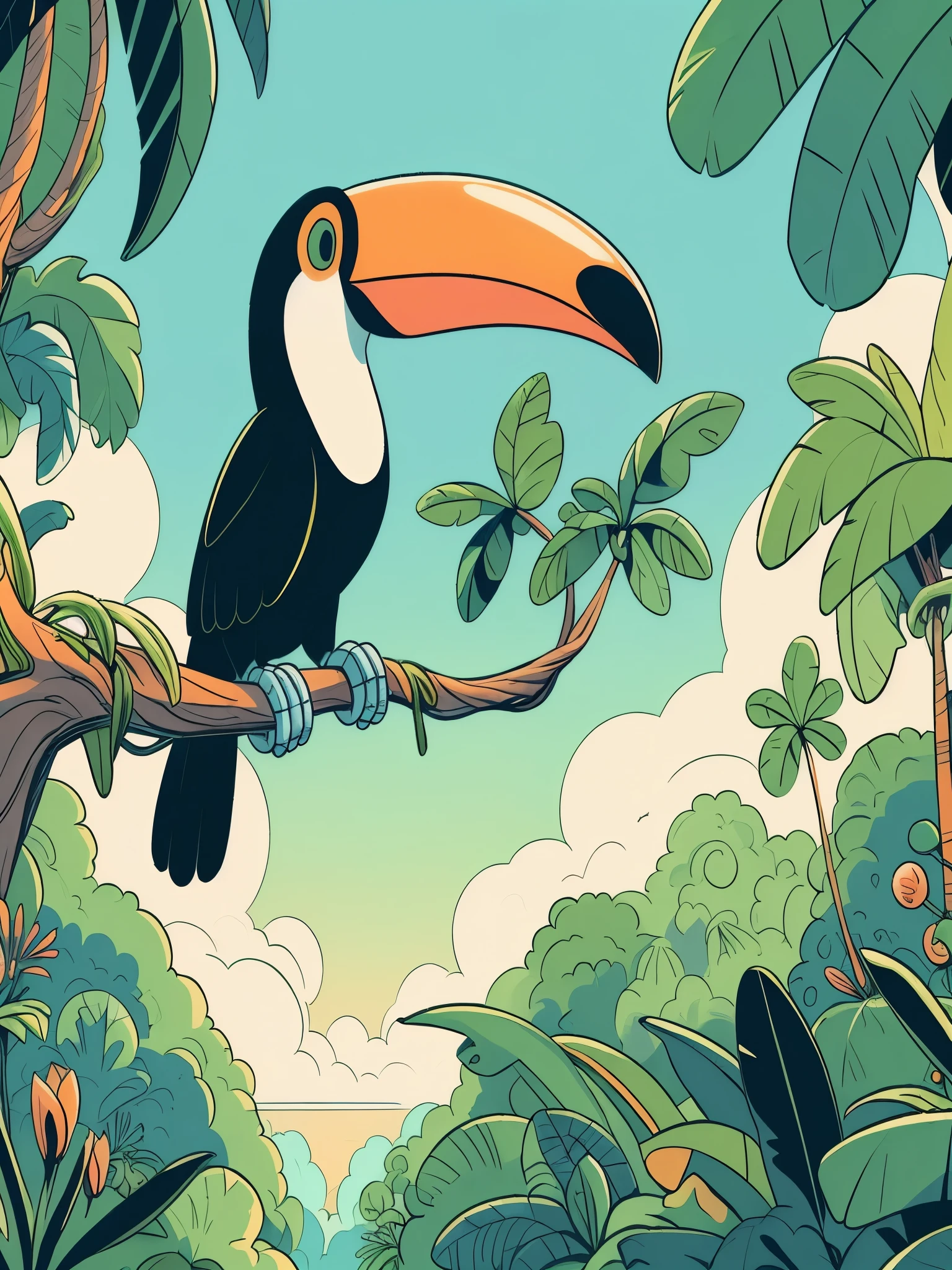 Draw a tintin style anime simple art of toco toucan sitting on tree in tropical forest, plants with big leaves, dense greenery, clouds, beautiful sky, beautiful color palette,