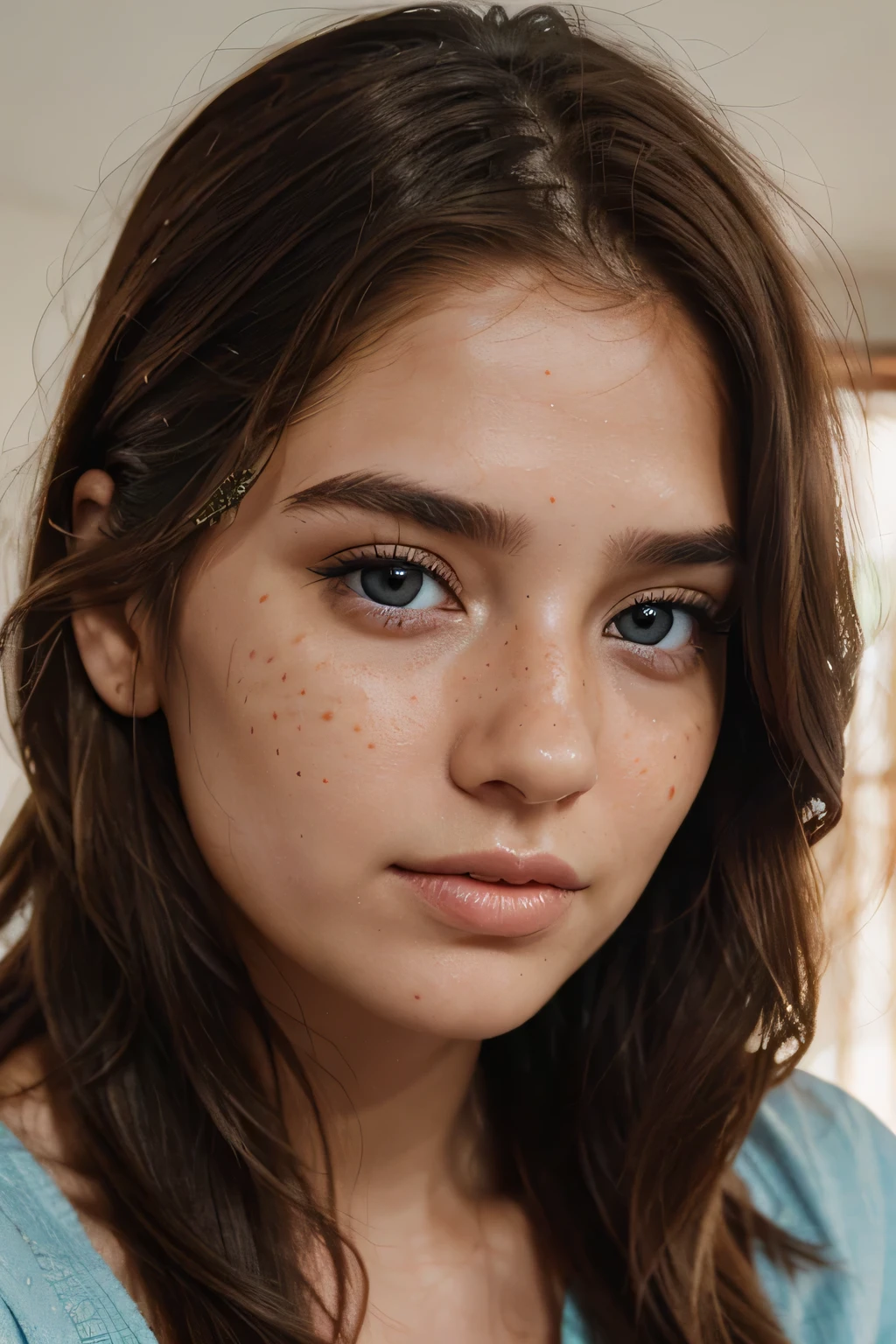 realistic portrait photo of beautiful woman with brown hair, hair roots slightly faded, Indian, influencer, light freckles, light blue eyes, no makeup, instagram