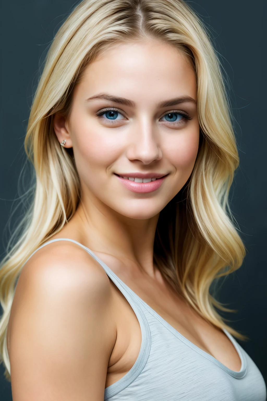 
blonde with perfect blue eyes, smile, wall background
,dressed, (photo realistic:1.4), (hyper realistic:1.4), (realistic:1.3), (smoother lighting:1.05), (increase cinematic lighting quality:0.9), 32K, 1girl,20yo girl, realistic lighting, backlighting, light on face, ray trace, (brightening light:1.2), (Increase quality:1.4), (best quality real texture skin:1.4), finely detailed eyes, finely detailed face, finely quality eyes, (tired and sleepy and satisfied:0.0), face closeup, t-shirts, (Increase body line mood:1.1), (Increase skin texture beauty:1.1)