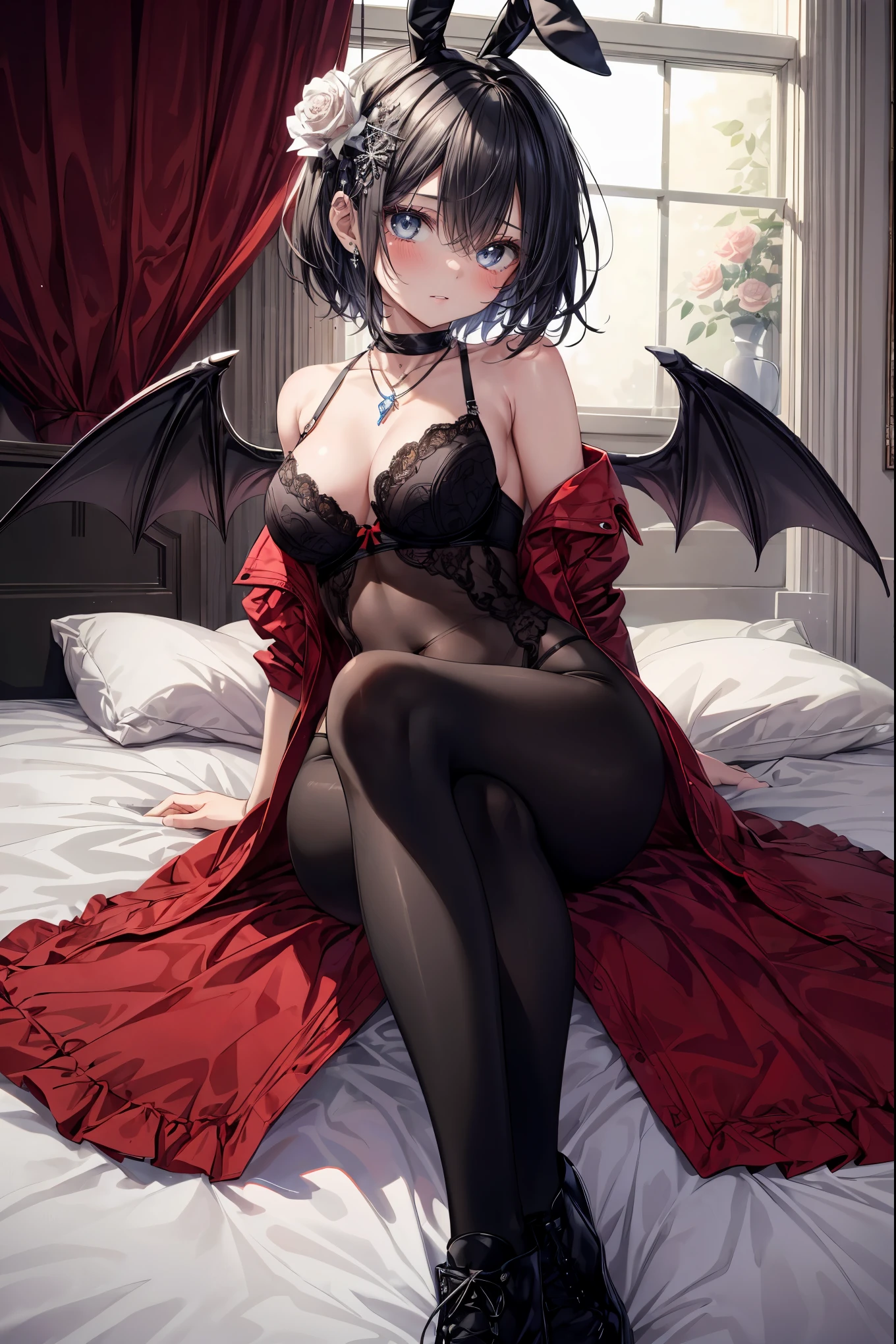 ((8Kmasterpiece,highest quality)), ultra high resolution, (masterpiece: 1.4), hyper detail, (((1 girl))),,Watery eye,blush,beautiful and delicate eyes,light blue eyes,Big eyes,shining eyes of light,Thin and long eyelashes,detailed light,beautiful face,((black hair)),((short hair)),Black Bunny Clothes,red bra,High leg,black tights,white high cut boots,wearing red extensions,necklace,hair ornaments,Succubus ears,(gem),Rose,flower,wine,Black wings on the back,Bedroom,red room,on the bed,lying in bed,((night)),(moody room),(Kinky beauty),troubled face,(please open your mouth wide),passionate pose,looking at the viewer, very delicate,slender body,long and soft chest,(very big )