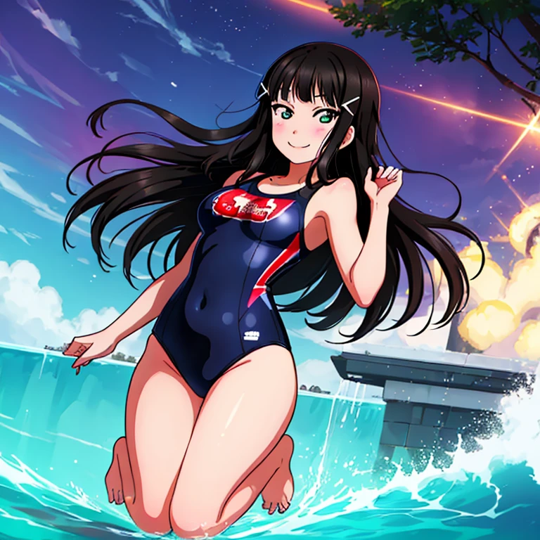 best quality, very aesthetic, Super detailed, best illustration, 1girl, one-piece swimsuit, black_hair, long_hair, dia kurosawa, full_body, smile