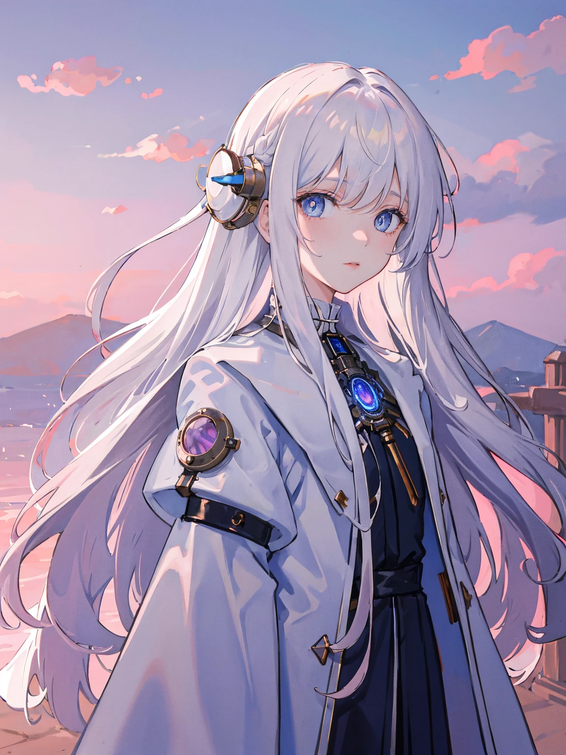 (masterpiece, best quality), white hair, long hair, looking at viewer, blue eyes, Sci-fi imagery, subtle steampunk, Long sleeves, white coats, white capes, functional clothes, clothes with simple designs, clothes with futuristic designs, clothes with a sense of nobility, (1woman), 20 years old, upper body, Dawn, morning glow, light purple sky, pink clouds, the sky changing from the darkness of night to the light of morning,