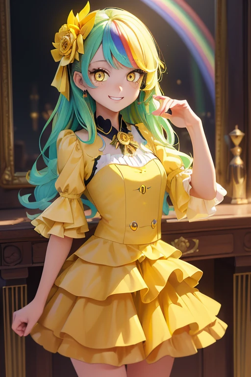 (masterpiece, exquisite beautiful eyes: 1.5), masterpiece ,1 girl,cute girl,(yellow eyes:1.5),small breasts,Formal Clothing ,grin、(layered,rainbow hair)