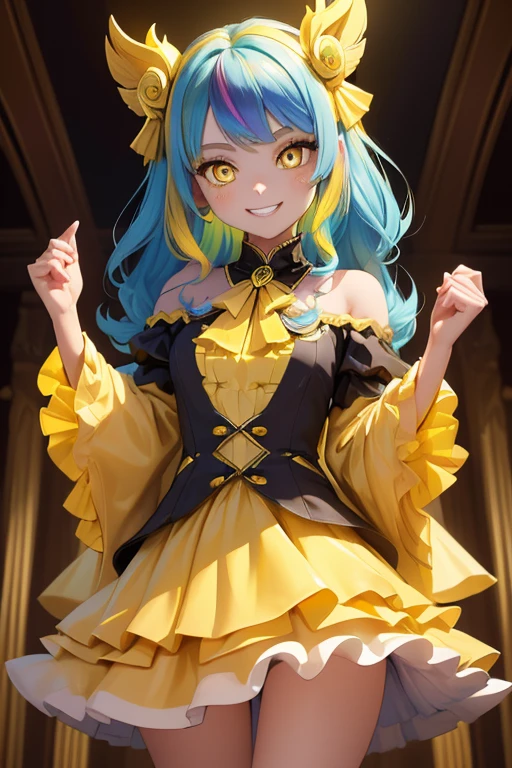 (masterpiece, exquisite beautiful eyes: 1.5), masterpiece ,1 girl,cute girl,(yellow eyes:1.5),small breasts,Formal Clothing ,grin、(layered,rainbow hair)