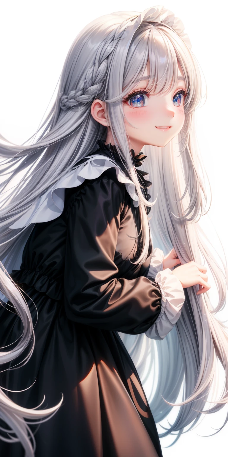 girl、white background、no background、gray hair、long hair、straight long hair、Contrasting bangs、Eyes are sparkling、highlight、black dress、black long sleeve one piece clothes、frills、profile、side view、blush、smile、cute、no background